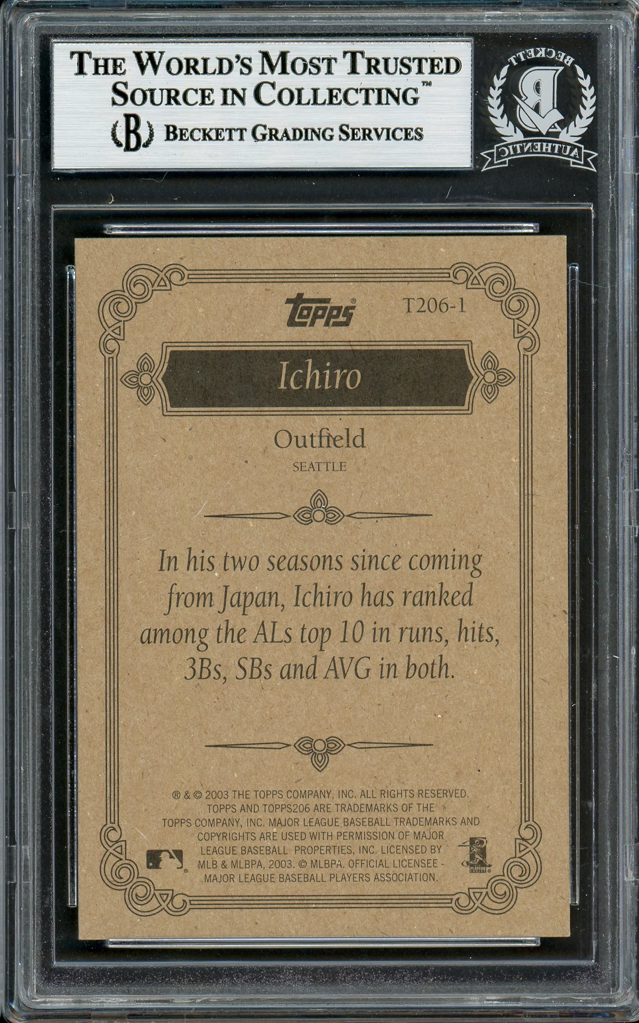 Ichiro Suzuki Autographed 2002 Topps 206 Card #T206-1 Seattle Mariners Beckett BAS Stock #194246 - Image 2