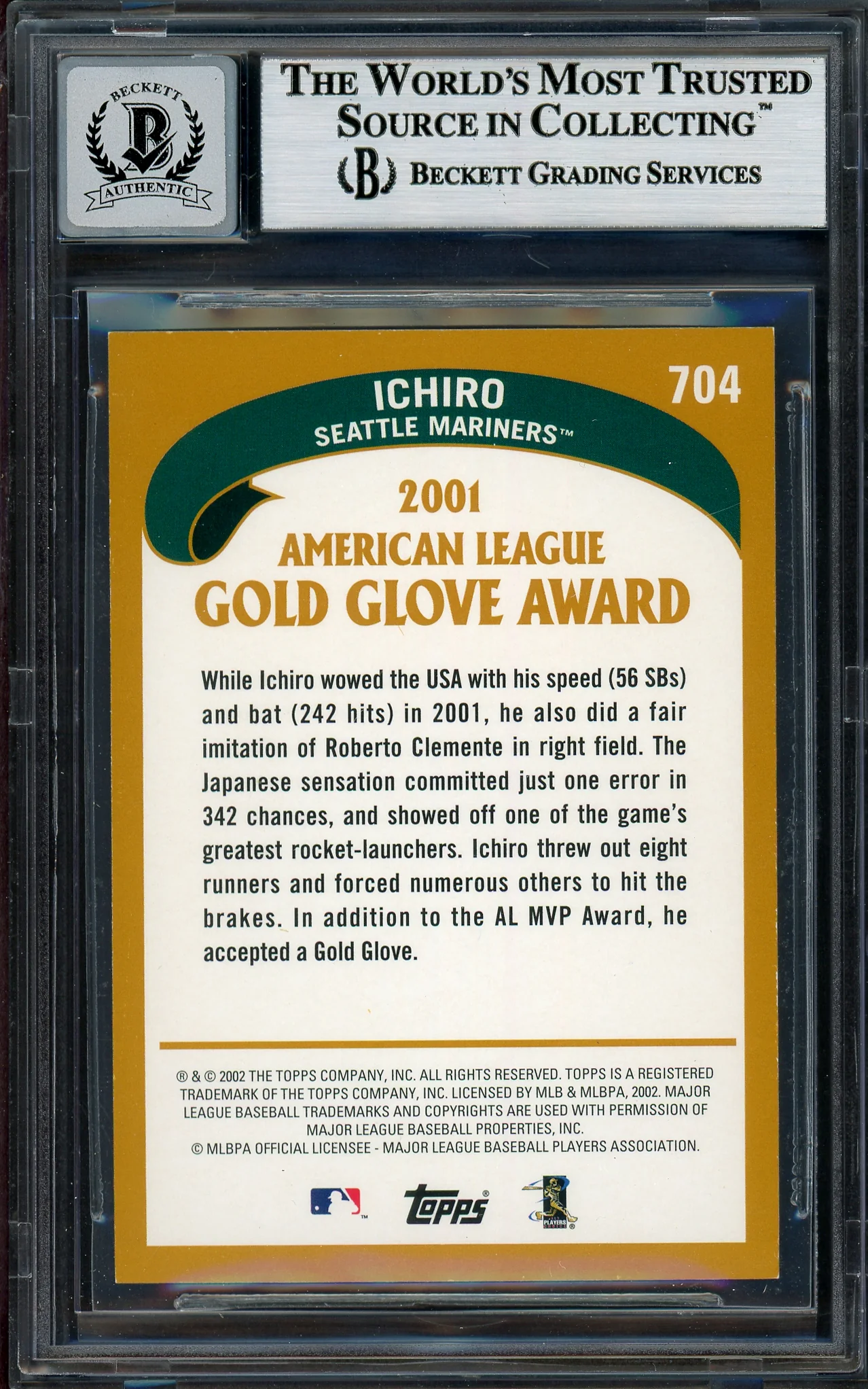Ichiro Suzuki Autographed 2002 Topps Card #704 Seattle Mariners Auto Grade Gem Mint 10 Beckett BAS Stock #194321 - Image 2