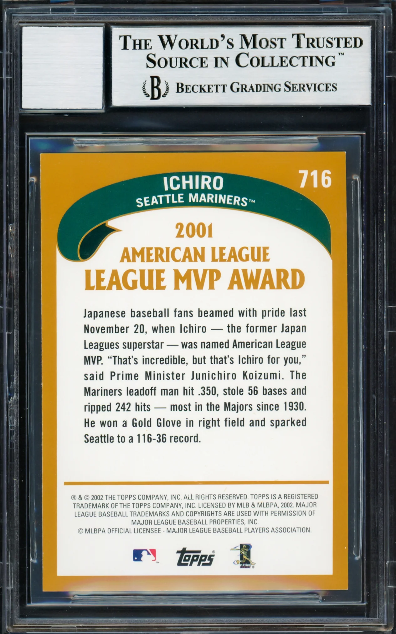 Ichiro Suzuki Autographed 2002 Topps Card #716 Seattle Mariners Auto Grade Gem Mint 10 Beckett BAS Stock #220254 - Image 2