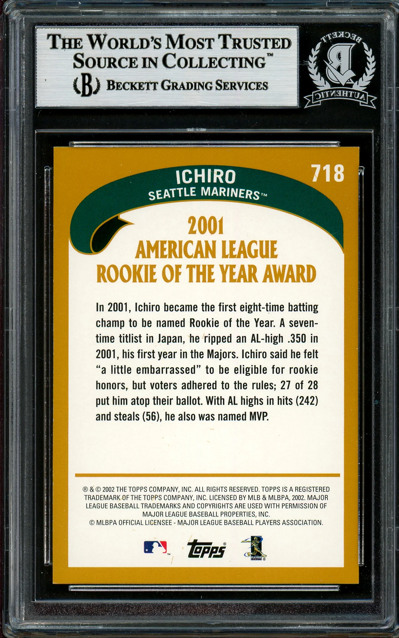 Ichiro Suzuki Autographed 2002 Topps Card #718 Seattle Mariners Beckett BAS #12785916 - Image 2