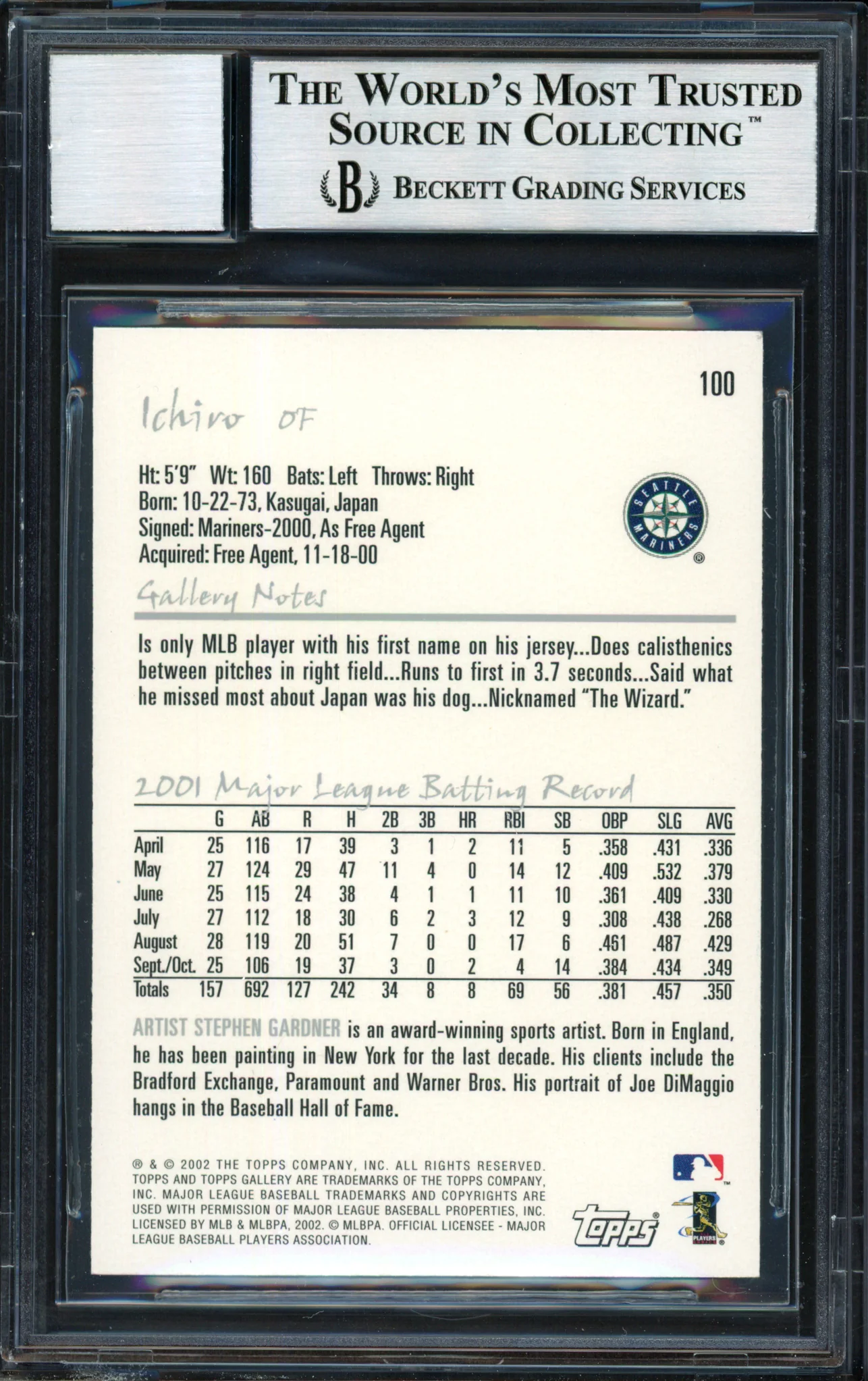 Ichiro Suzuki Autographed 2002 Topps Gallery Card #100 Seattle Mariners Auto Grade 10 Beckett BAS #12491175 - Image 2