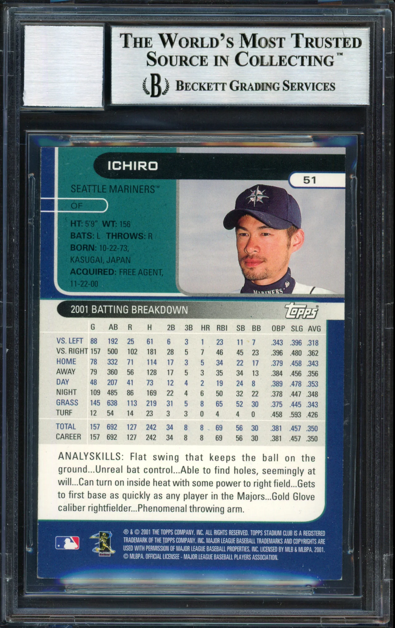 Ichiro Suzuki Autographed 2002 Topps Stadium Club Card #51 Seattle Mariners Auto Grade 10 Beckett BAS #12491082 - Image 2