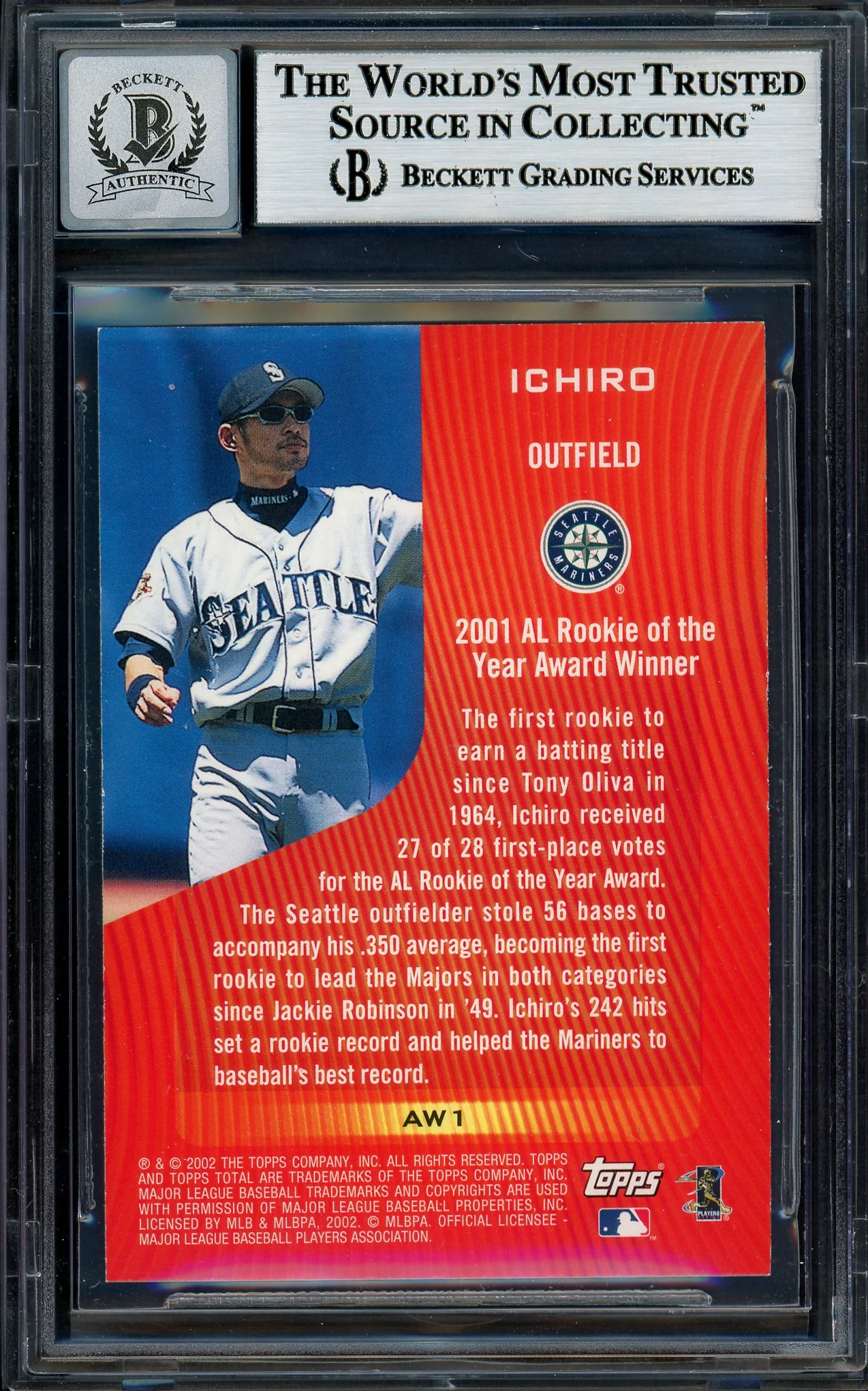 Ichiro Suzuki Autographed 2002 Topps Total 2001 Award Winner Card #AW1 Seattle Mariners Auto Grade Gem Mint 10 Beckett BAS #12786173 - Image 2