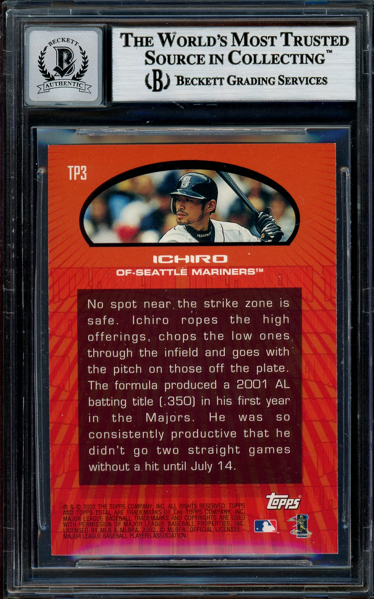 Ichiro Suzuki Autographed 2002 Topps Total Production Card #TP3 Seattle Mariners Auto Grade Gem Mint 10 Beckett BAS #12786171 - Image 2
