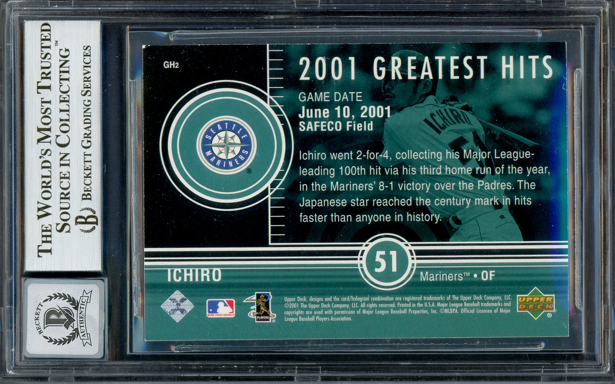 Ichiro Suzuki Autographed 2002 Upper Deck 2001 Greatest Hits Card #GH2 Seattle Mariners Auto Grade Gem Mint 10 Beckett BAS #13018578 - Image 2
