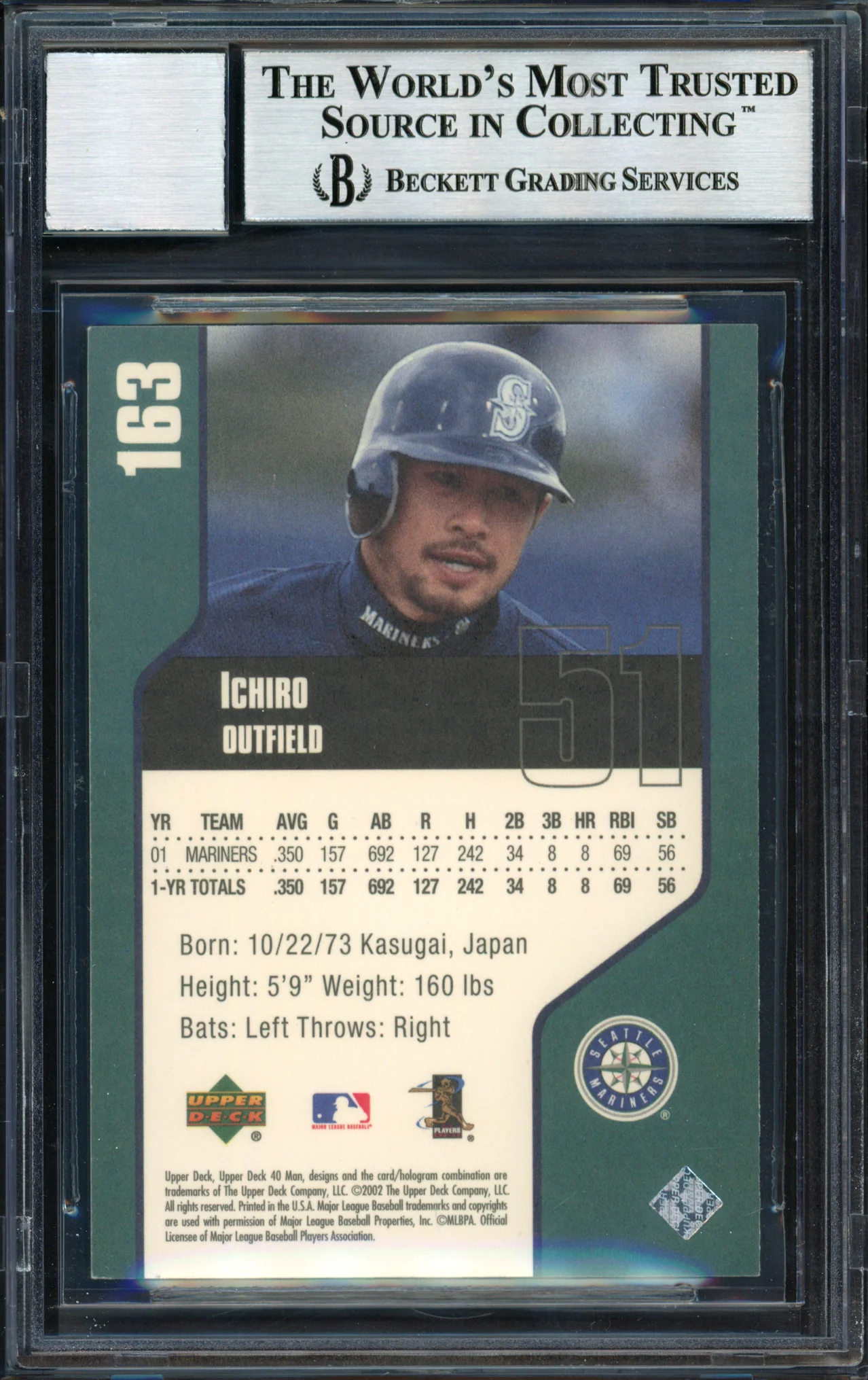 Ichiro Suzuki Autographed 2002 Upper Deck 40 Man Card #163 Seattle Mariners Auto Grade 10 Beckett BAS #12491181 - Image 2