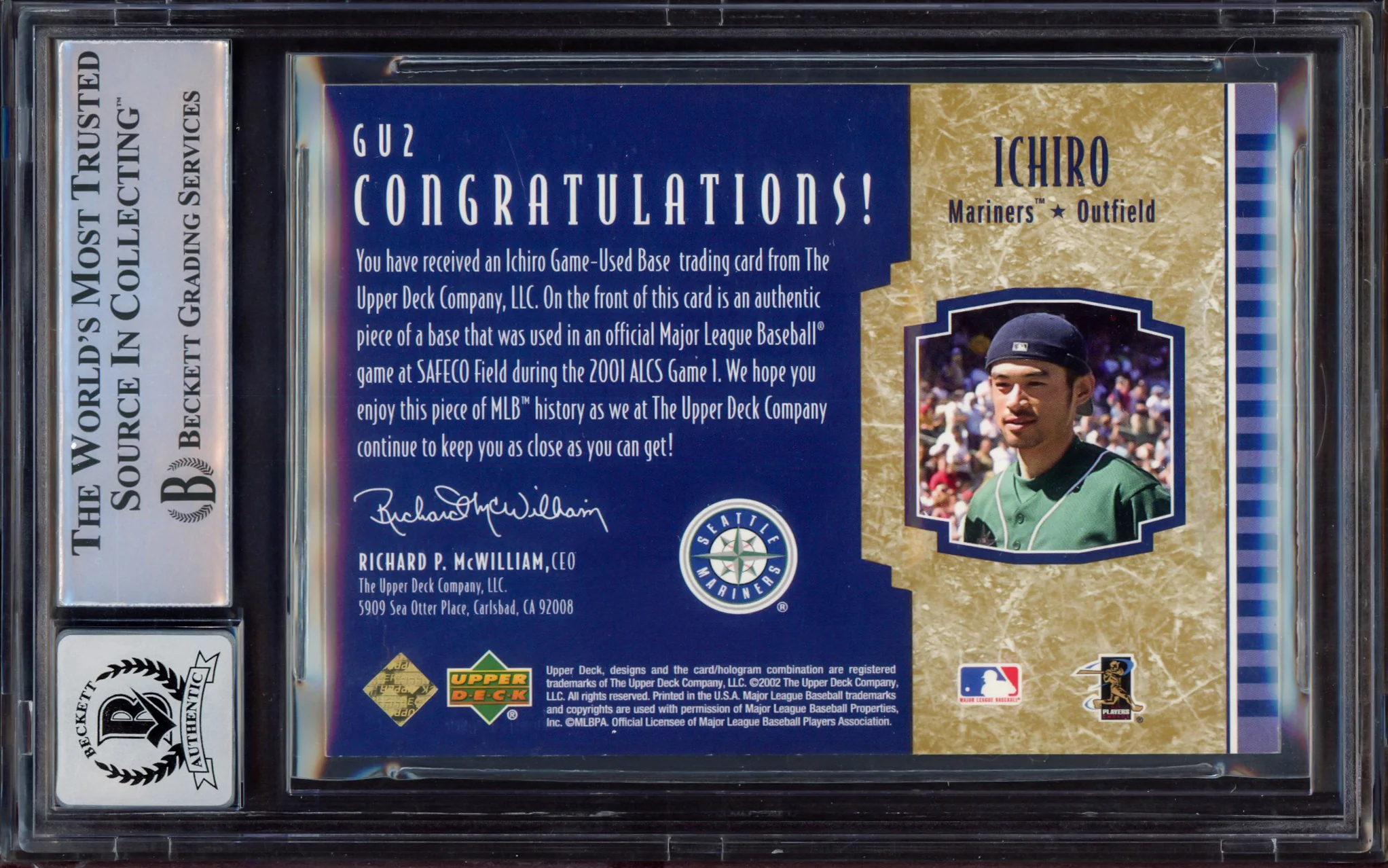 Ichiro Suzuki Autographed 2002 Upper Deck All Star Game Used Base Card #GU2 Seattle Mariners Auto Grade Gem Mint 10 "01 ROY/MVP" 2001 ALCS Game 1 Beckett BAS #15497815 - Image 2