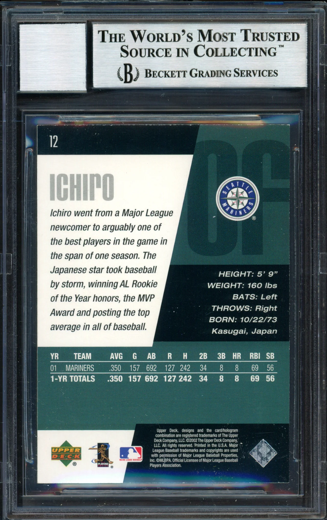 Ichiro Suzuki Autographed 2002 Upper Deck Diamond Collection Card #12 Seattle Mariners Auto Grade 10 Beckett BAS #12491046 - Image 2