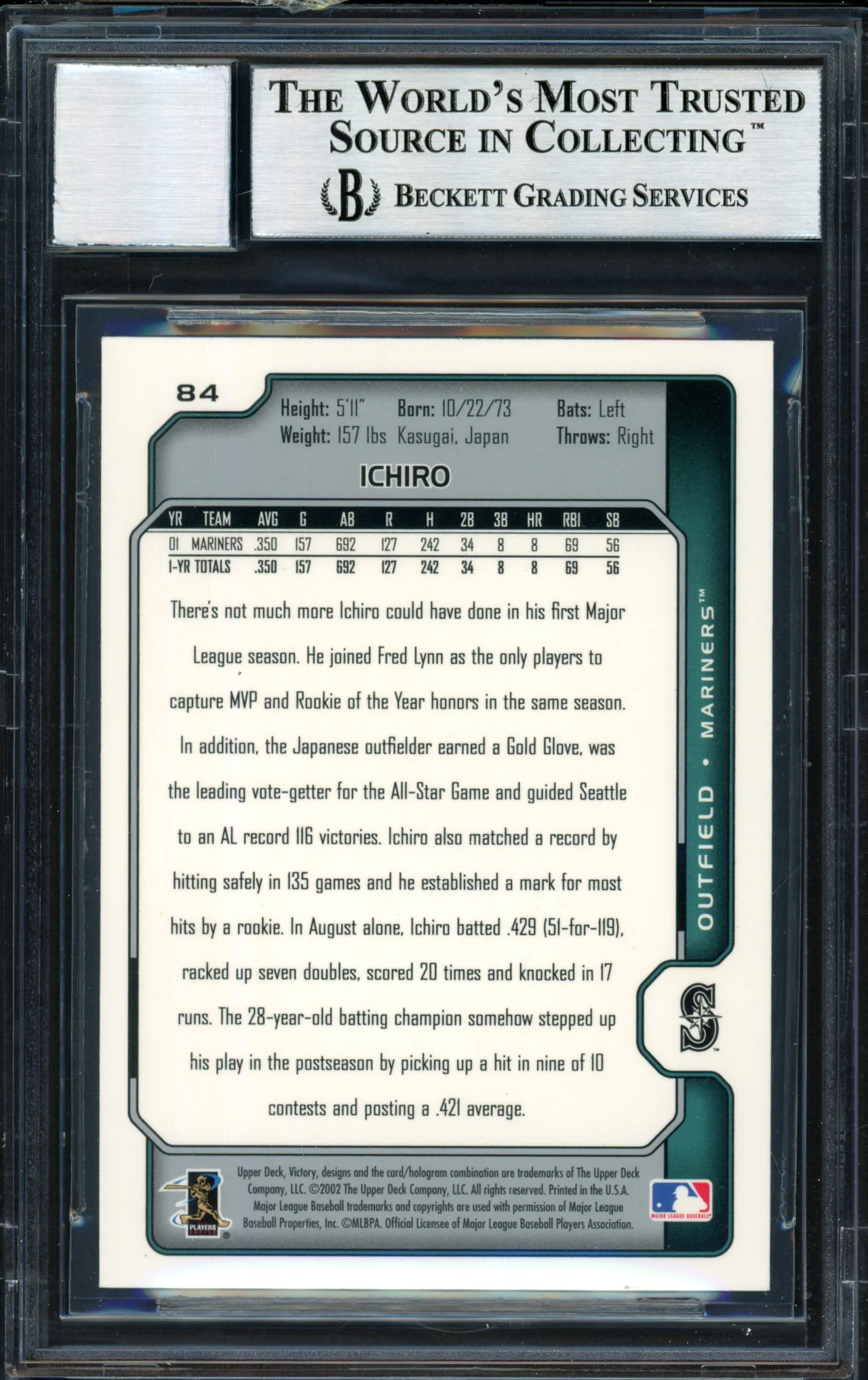 Ichiro Suzuki Autographed 2002 Upper Deck Victory Card #84 Seattle Mariners Auto Grade 10 Beckett BAS #12491152 - Image 2