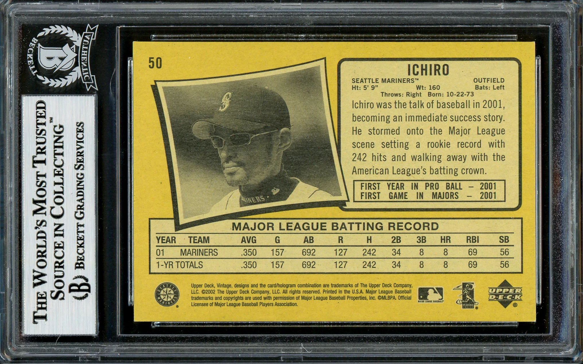 Ichiro Suzuki Autographed 2002 Upper Deck Vintage Card #50 Seattle Mariners Beckett BAS Stock #194204 - Image 2