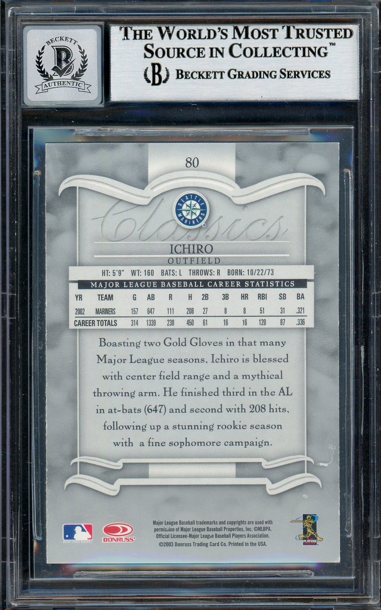 Ichiro Suzuki Autographed 2003 Donruss Classics Card #80 Seattle Mariners Auto Grade Gem Mint 10 Beckett BAS Stock #194348 - Image 2