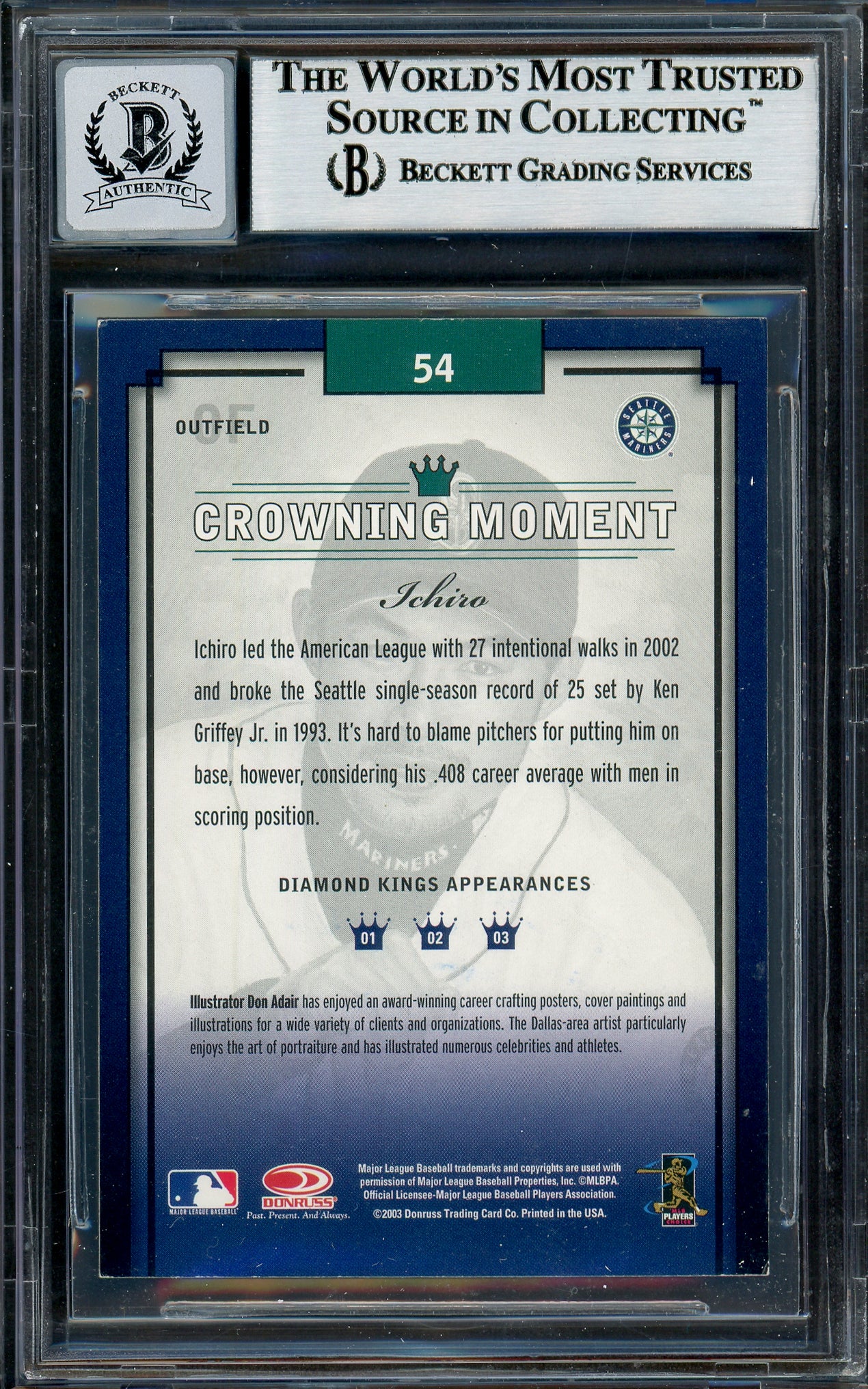 Ichiro Suzuki Autographed 2003 Donruss Diamond Kings Card #54 Seattle Mariners Auto Grade Gem Mint 10 Beckett BAS Stock #194340 - Image 2