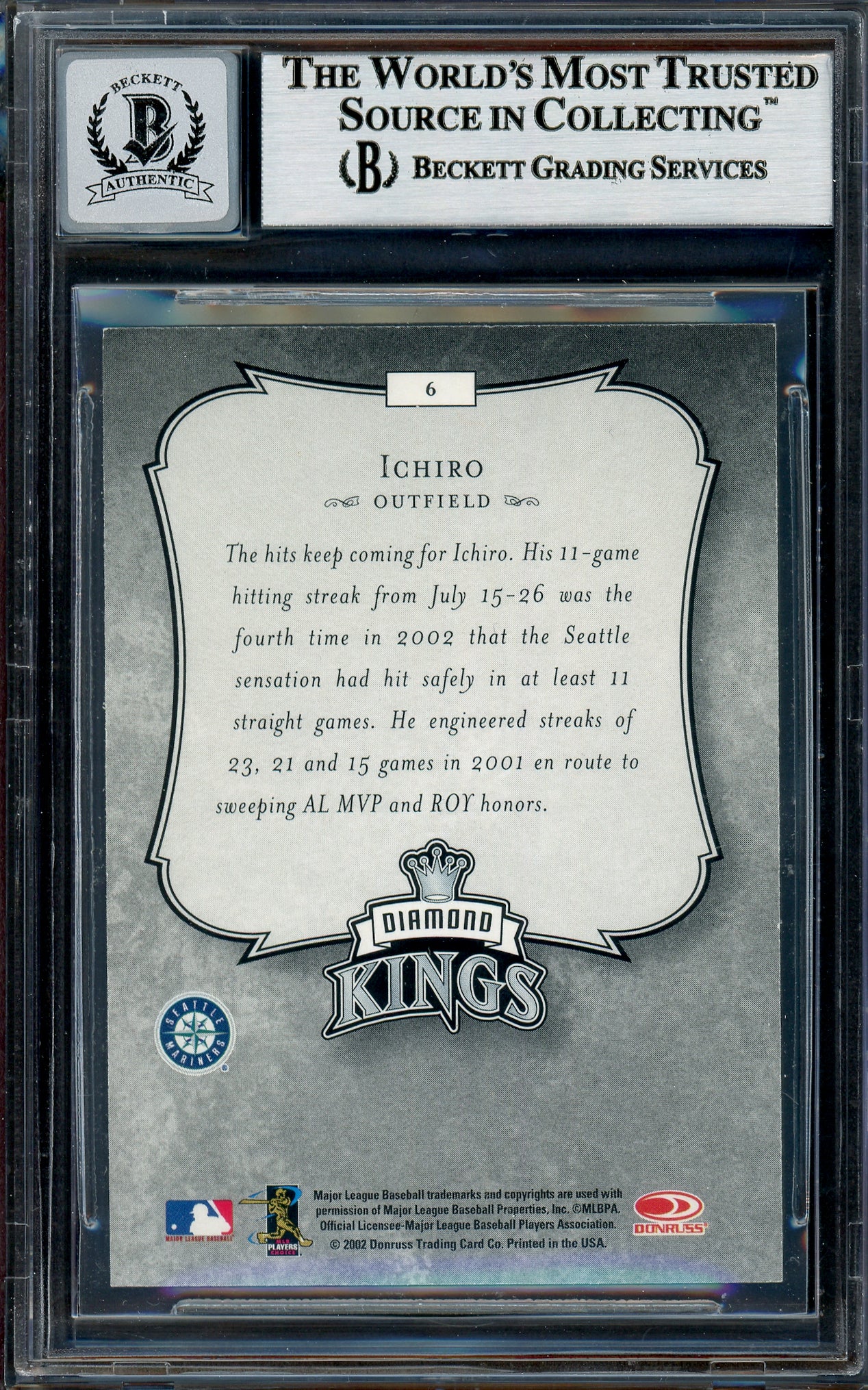 Ichiro Suzuki Autographed 2003 Donruss Diamond Kings Card #6 Seattle Mariners Auto Grade Gem Mint 10 Beckett BAS Stock #194331 - Image 2