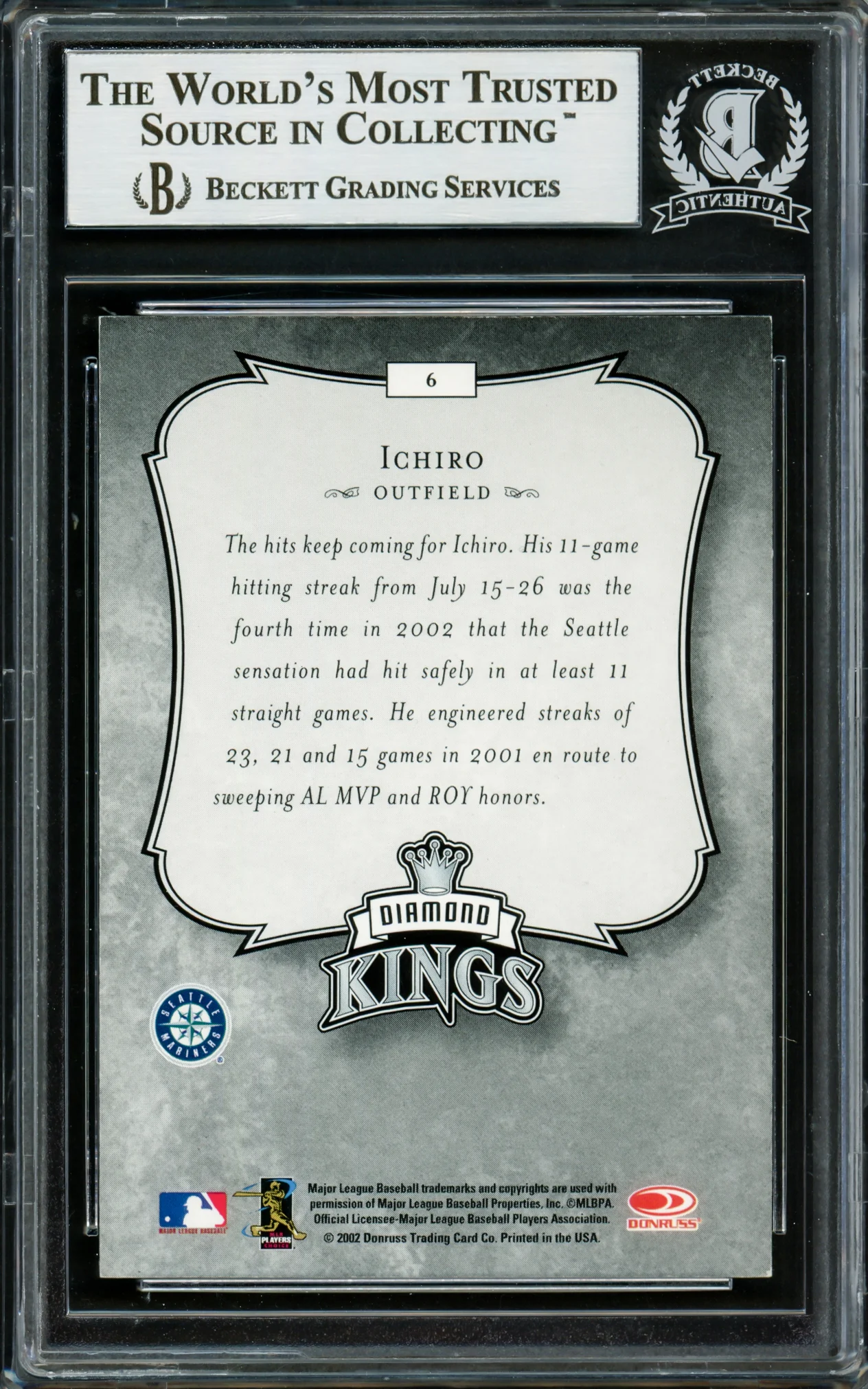 Ichiro Suzuki Autographed 2003 Donruss Diamond Kings Card #6 Seattle Mariners Beckett BAS Stock #220260 - Image 2