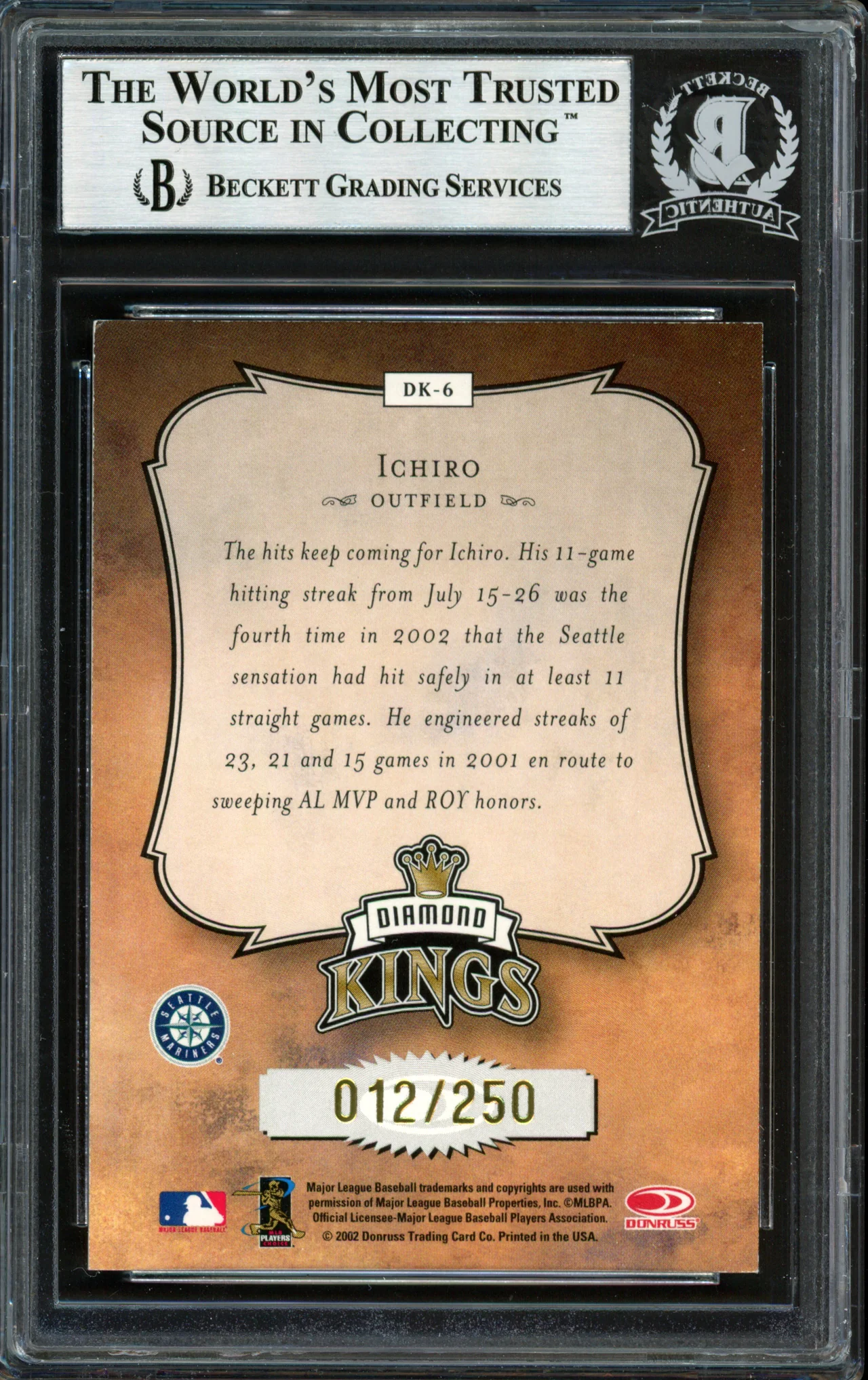 Ichiro Suzuki Autographed 2003 Donruss Diamond Kings Studio Series Card #DK-6 Seattle Mariners #12/250 Beckett BAS #12492183 - Image 2
