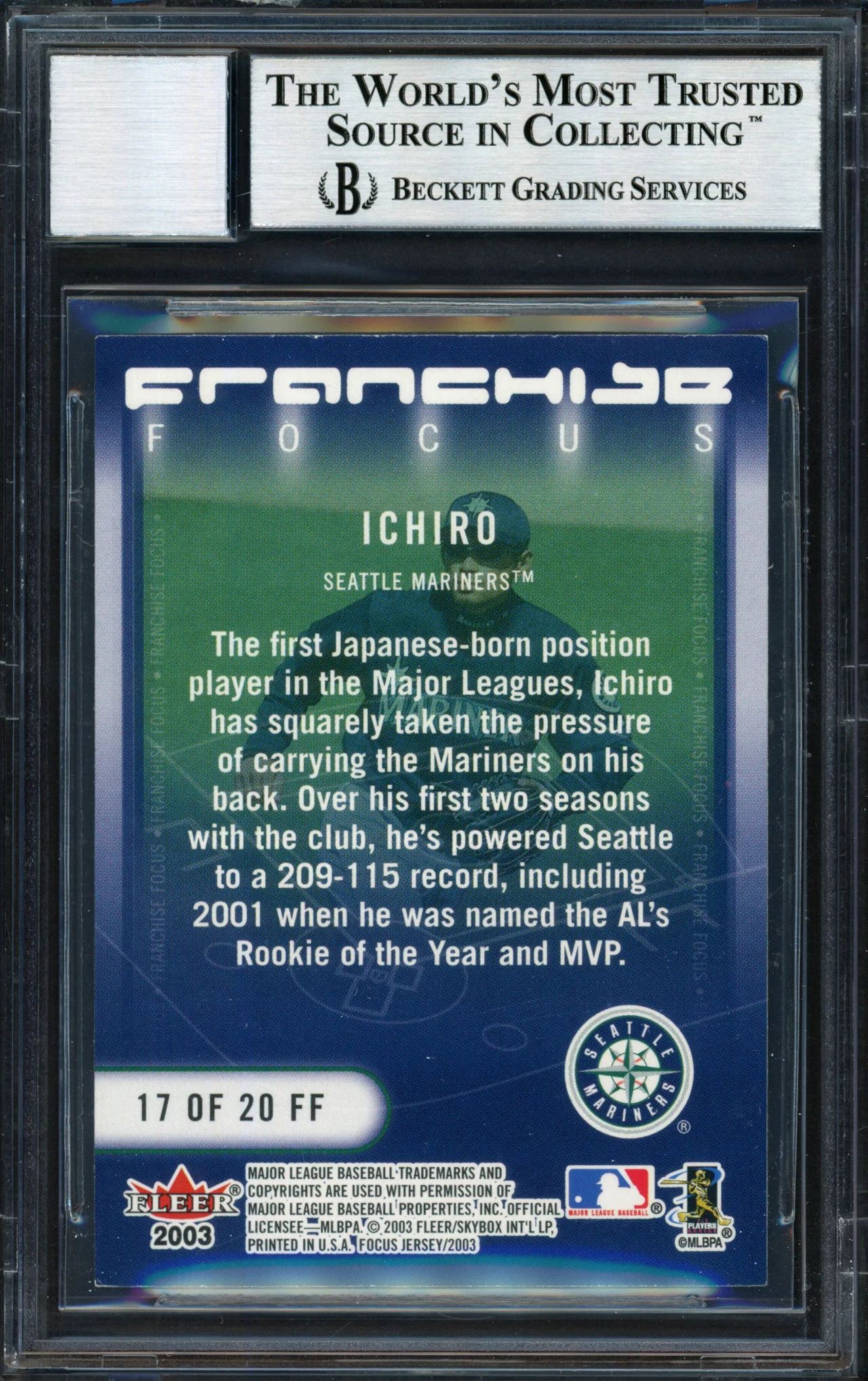 Ichiro Suzuki Autographed 2003 Fleer Focus Jersey Edition Franchise Focus Card #17 Seattle Mariners Auto Grade 10 Beckett BAS #12491256 - Image 2