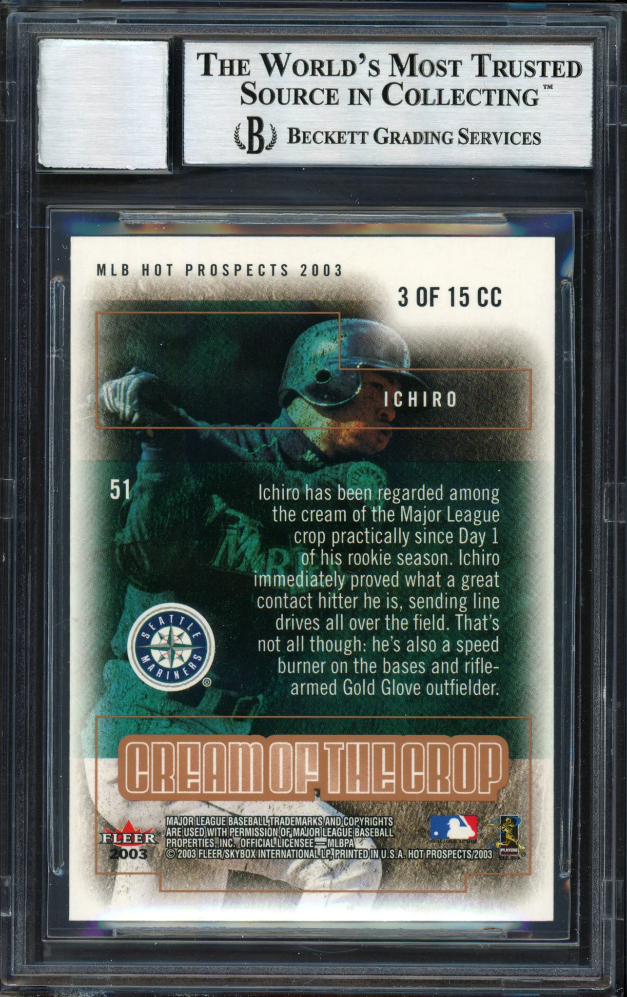 Ichiro Suzuki Autographed 2003 Fleer Hot Prospects Cream of the Crop Card #3 Seattle Mariners Auto Grade 10 Beckett BAS #12491253 - Image 2