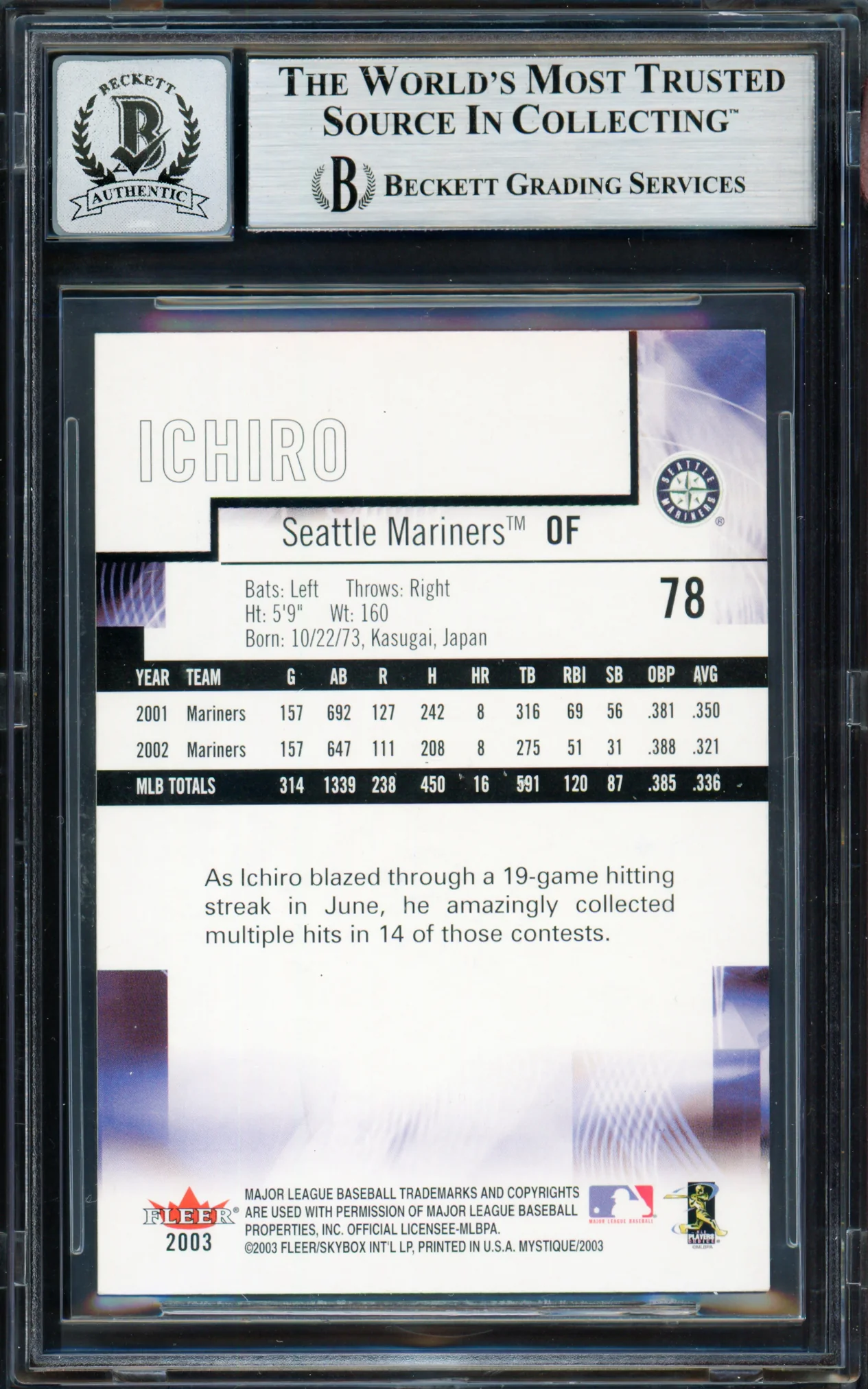 Ichiro Suzuki Autographed 2003 Fleer Mystique Rookie Card #78 Seattle Mariners Auto Grade Gem Mint 10 Beckett BAS #19658579 - Image 2