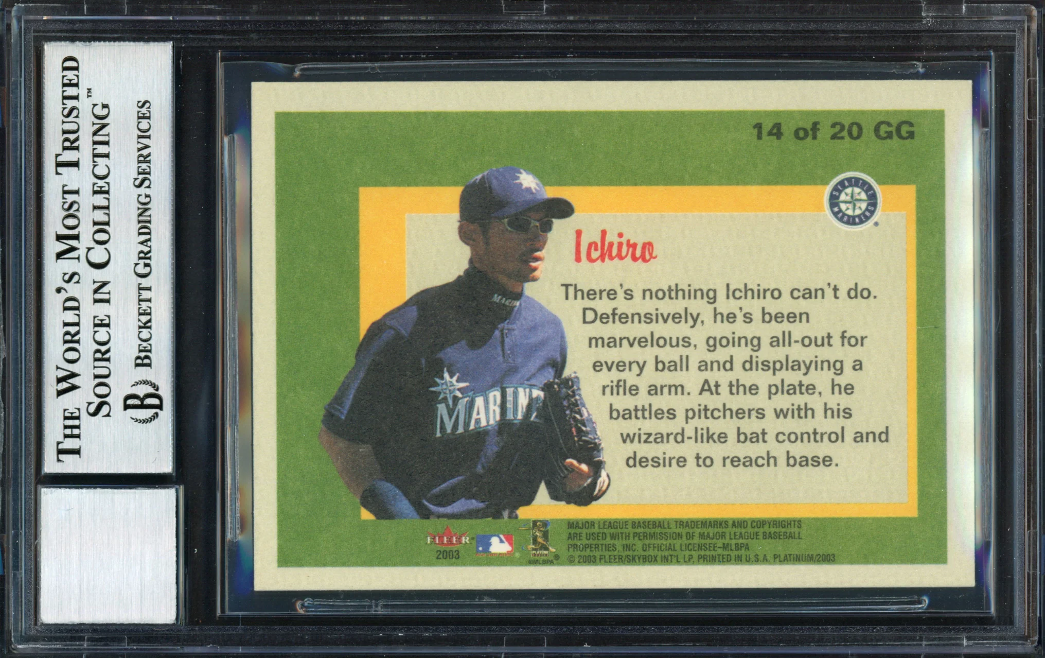 Ichiro Suzuki Autographed 2003 Fleer Platinum Guts and Glory Card #14 Seattle Mariners Auto Grade 10 Beckett BAS #12491254 - Image 2