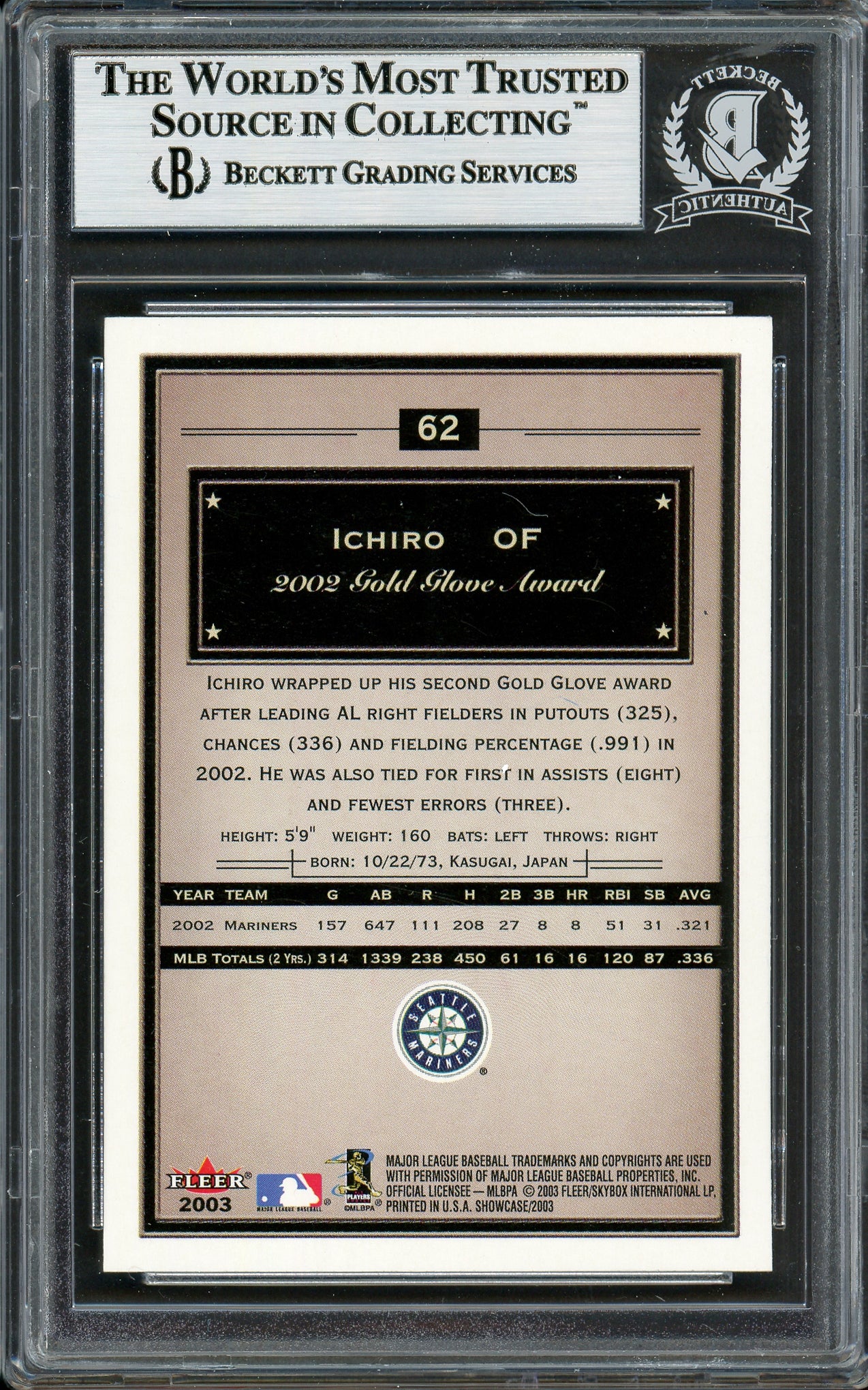 Ichiro Suzuki Autographed 2003 Fleer Showcase Card #62 Seattle Mariners Beckett BAS Stock #194254 - Image 2