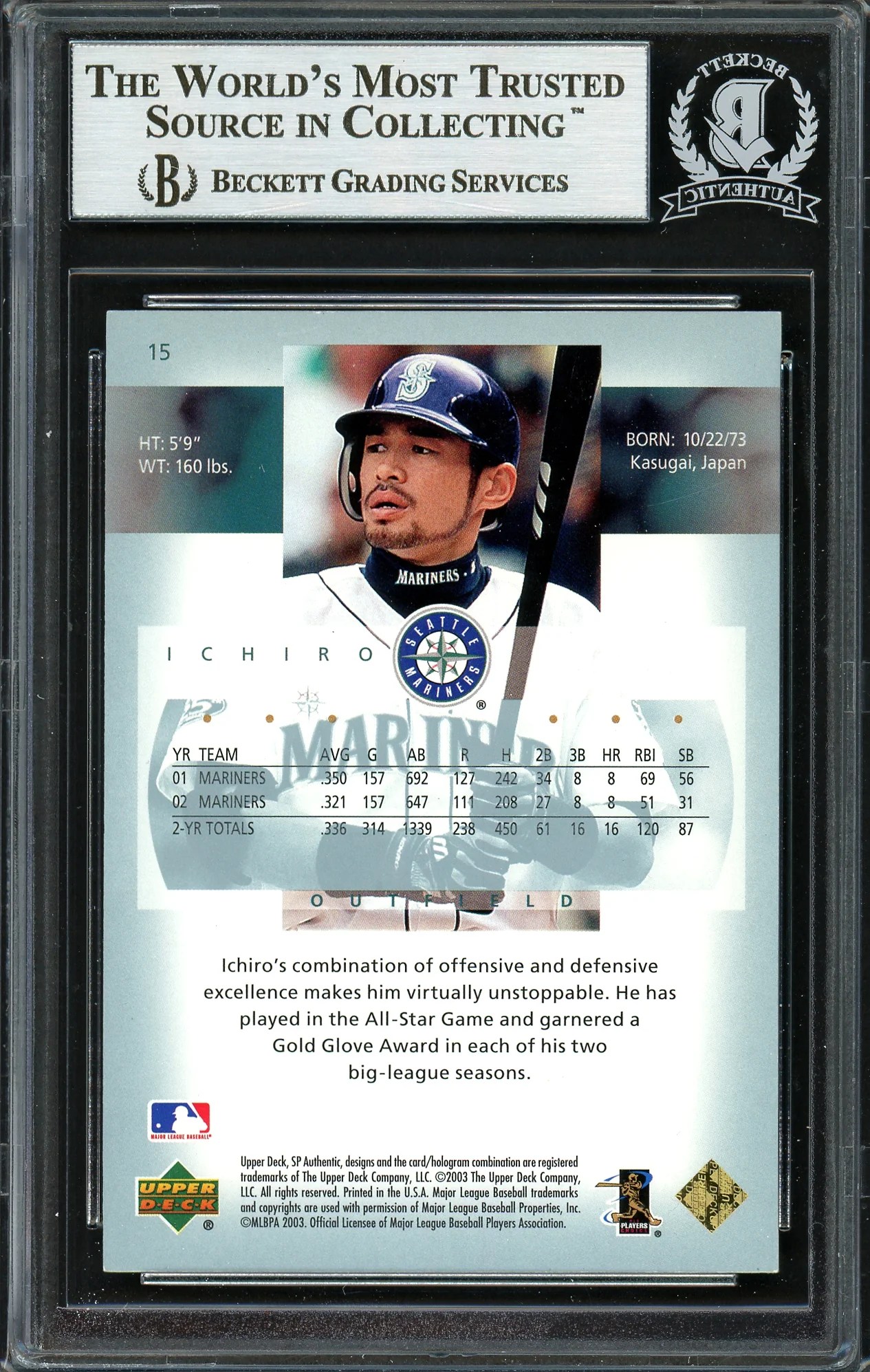 Ichiro Suzuki Autographed 2003 SP Authentic Card #15 Seattle Mariners Beckett BAS Stock #191259 - Image 2