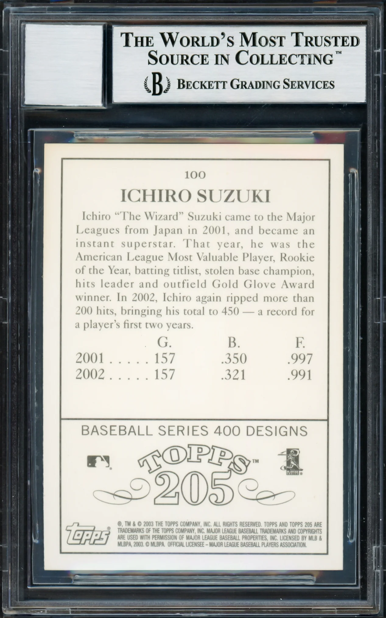 Ichiro Suzuki Autographed 2003 Topps 205 Card #100A Seattle Mariners Auto Grade Gem Mint 10 Beckett BAS Stock #220261 - Image 2