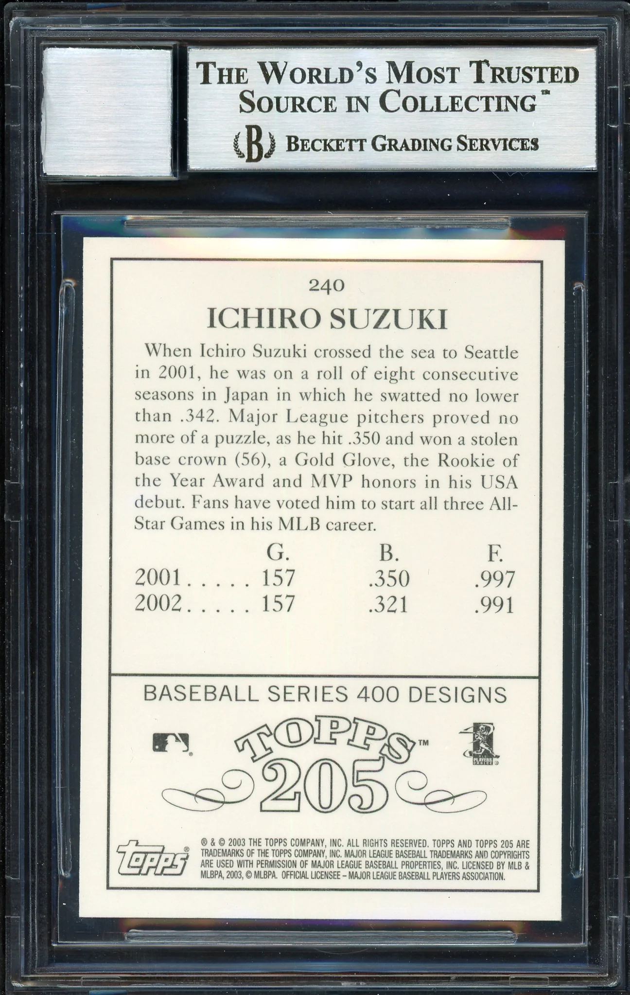 Ichiro Suzuki Autographed 2003 Topps 205 Card #240 Seattle Mariners Auto Grade 10 Beckett BAS #12669505 - Image 2
