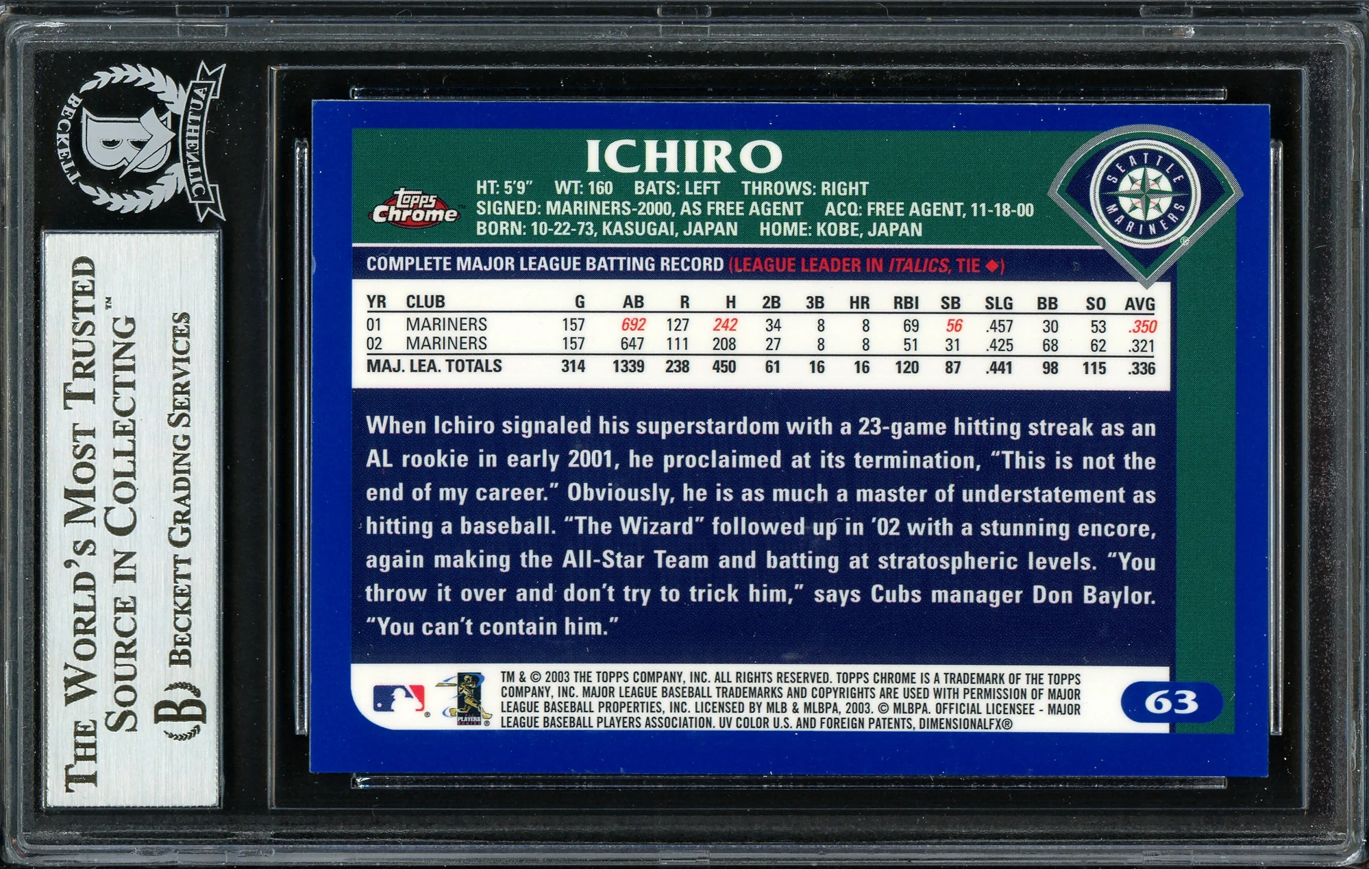 Ichiro Suzuki Autographed 2003 Topps Chrome Card #63 Seattle Mariners Beckett BAS Stock #191261 - Image 2