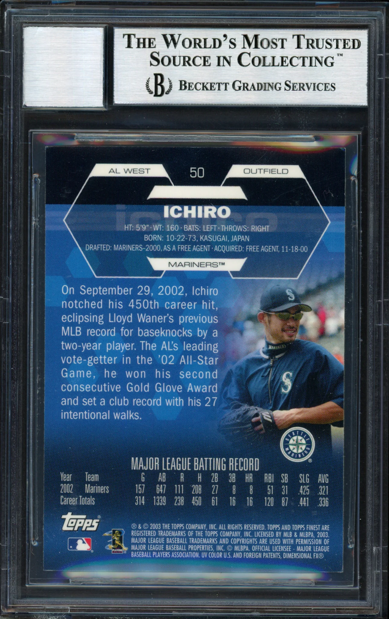Ichiro Suzuki Autographed 2003 Topps Finest Card #50 Seattle Mariners Auto Grade 10 Beckett BAS #12491294 - Image 2