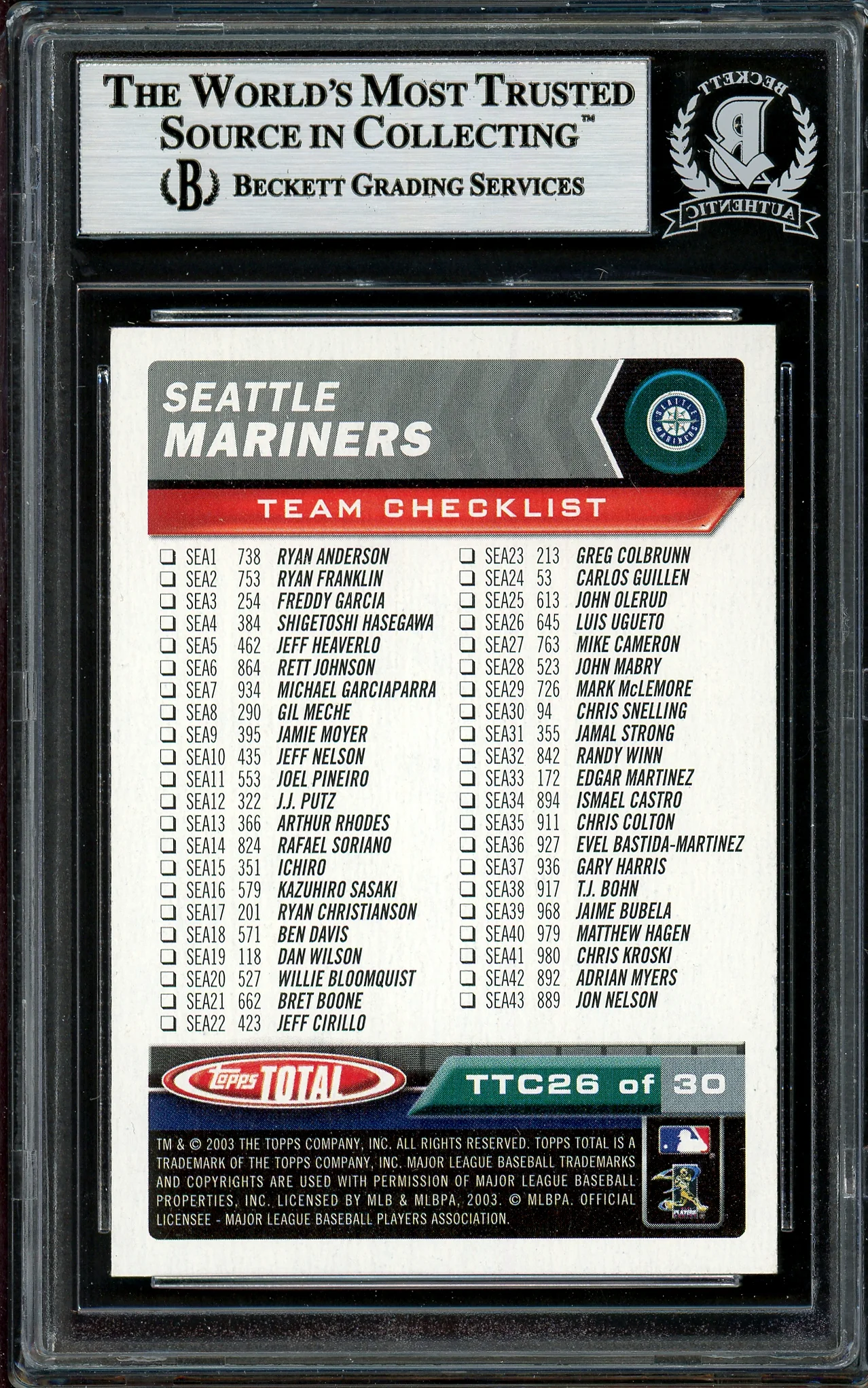 Ichiro Suzuki Autographed 2003 Topps Total Card #TTC26 Seattle Mariners Beckett BAS #12785938 - Image 2