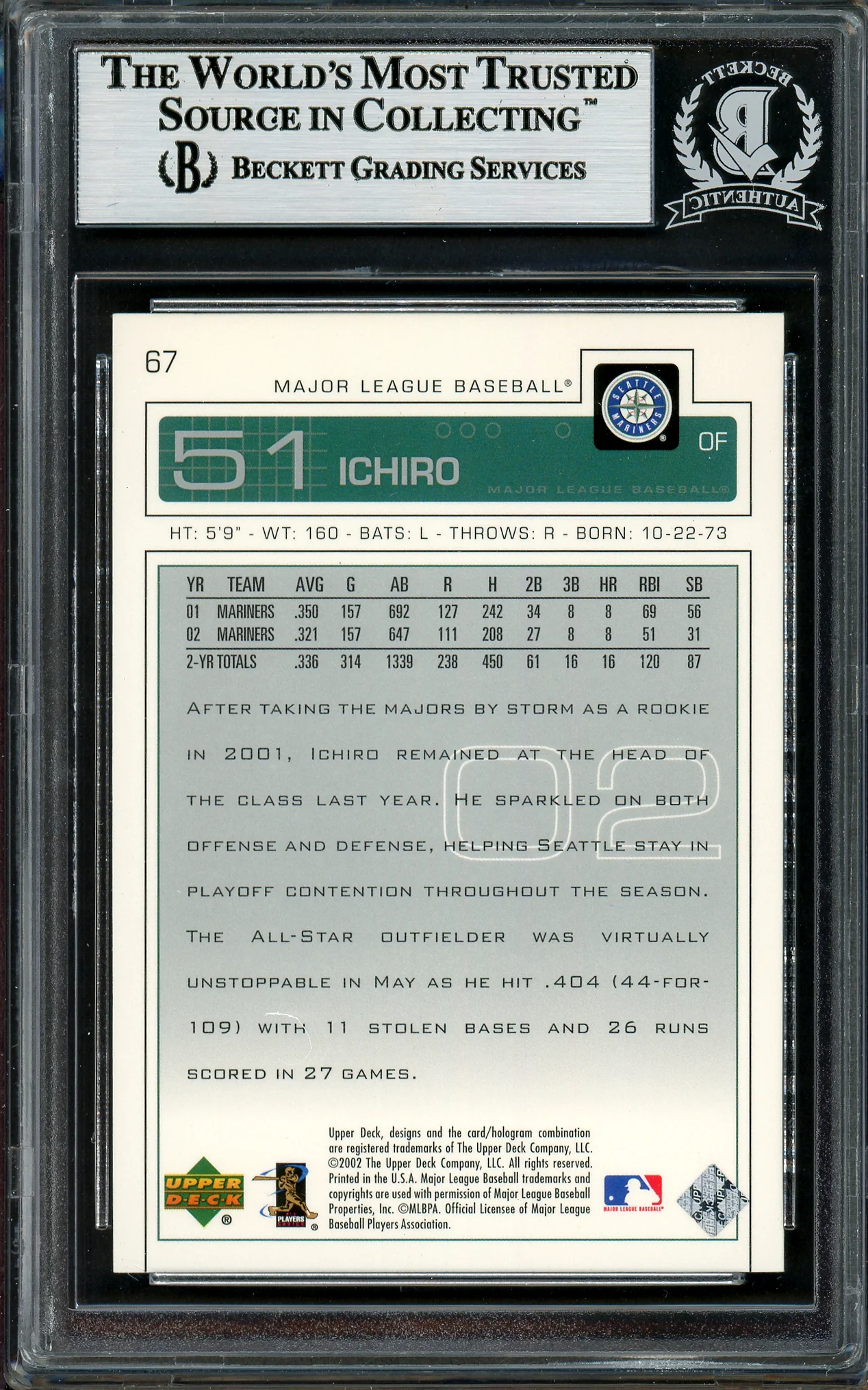 Ichiro Suzuki Autographed 2003 Upper Deck Card #67 Seattle Mariners Beckett BAS Stock #194259 - Image 2