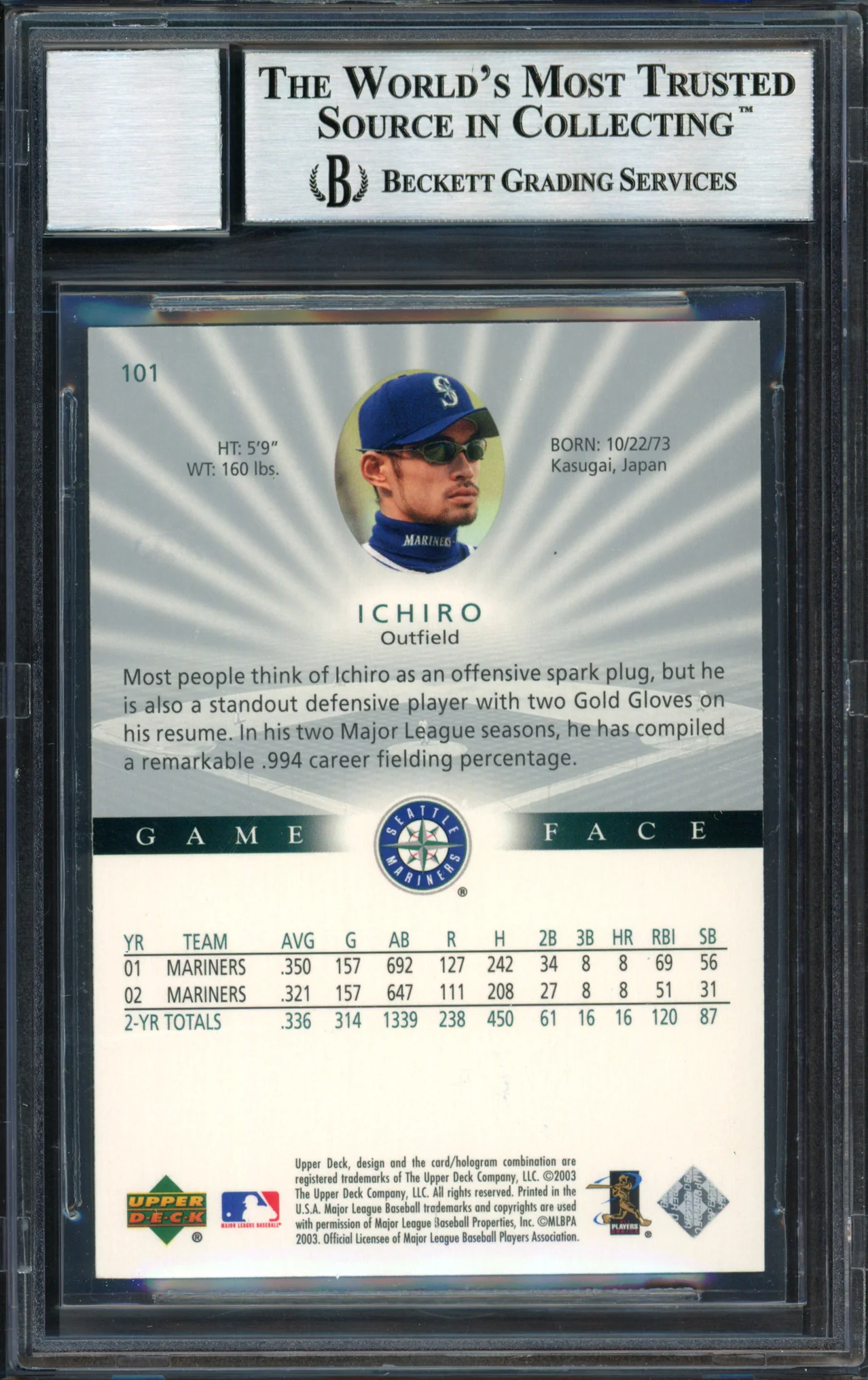 Ichiro Suzuki Autographed 2003 Upper Deck Game Face Card #101 Seattle Mariners Auto Grade 10 Beckett BAS #12491336 - Image 2