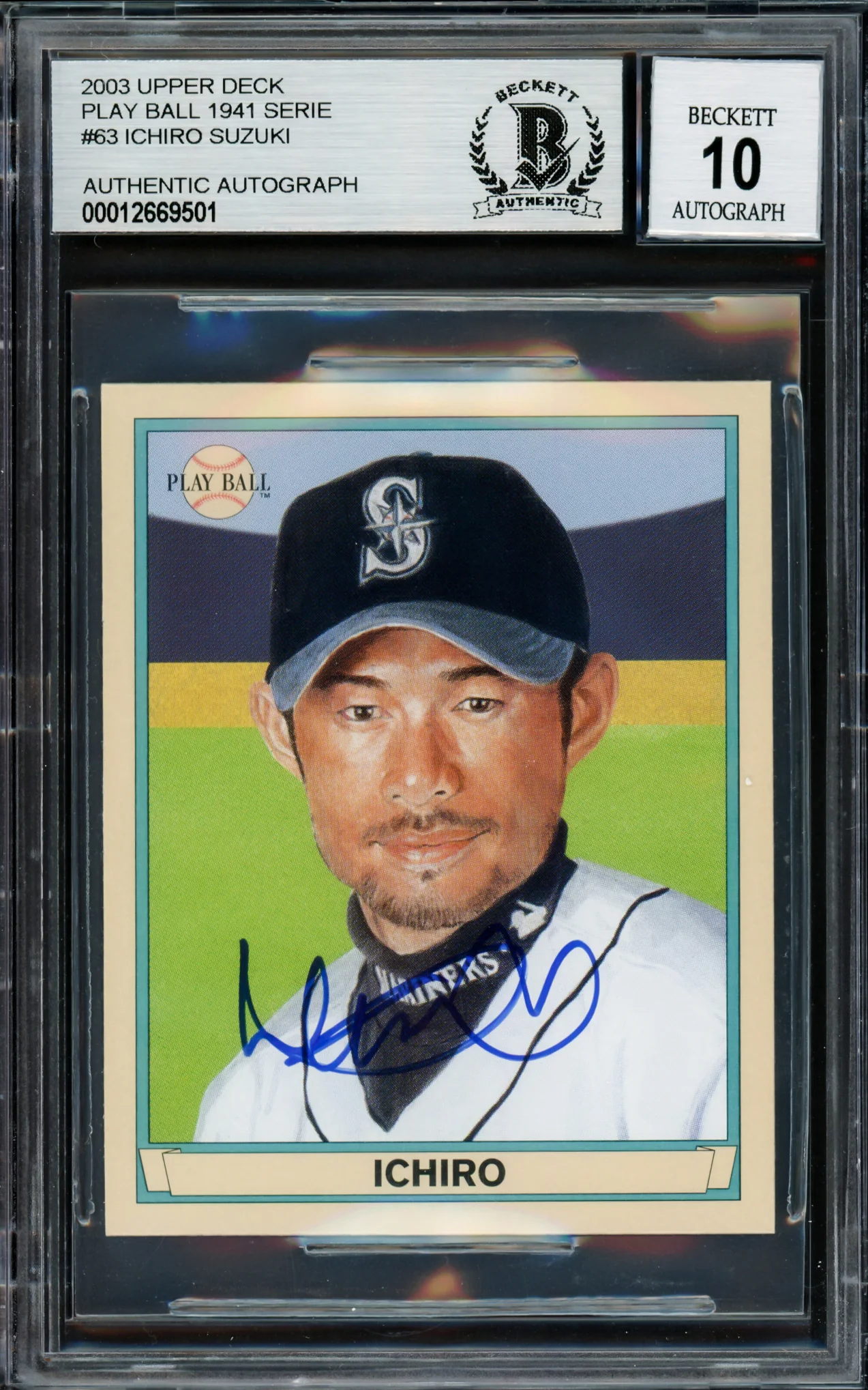 Ichiro Suzuki Autographed 2003 Upper Deck Play Ball 1941 Mini Card #63 Seattle Mariners Auto Grade Gem Mint 10 Beckett BAS Stock #220263