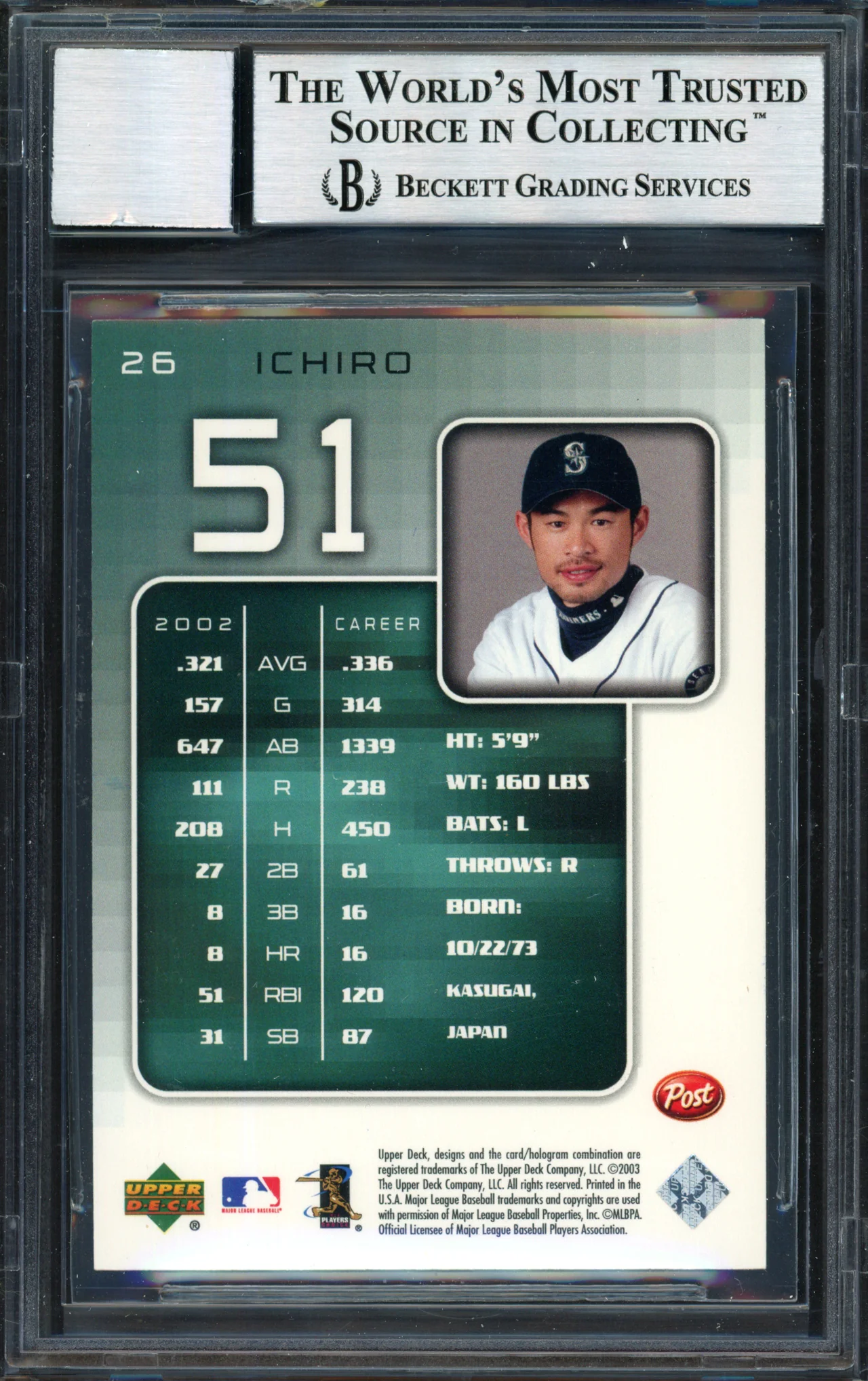 Ichiro Suzuki Autographed 2003 Upper Deck Post Card #26 Seattle Mariners Auto Grade 10 Beckett BAS #12491291 - Image 2