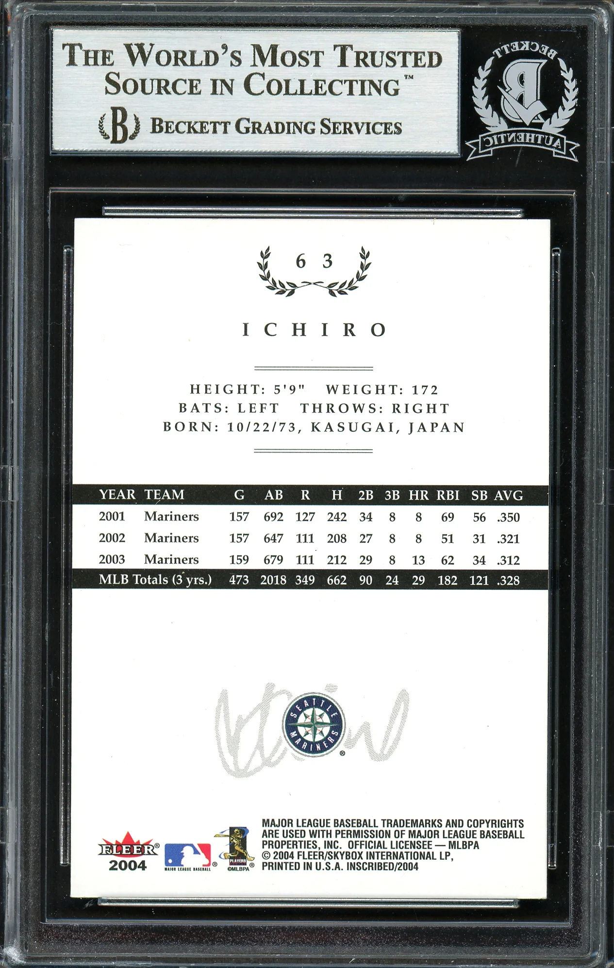 Ichiro Suzuki Autographed 2004 Fleer InScribed Card #63 Seattle Mariners Beckett BAS #12668523 - Image 2