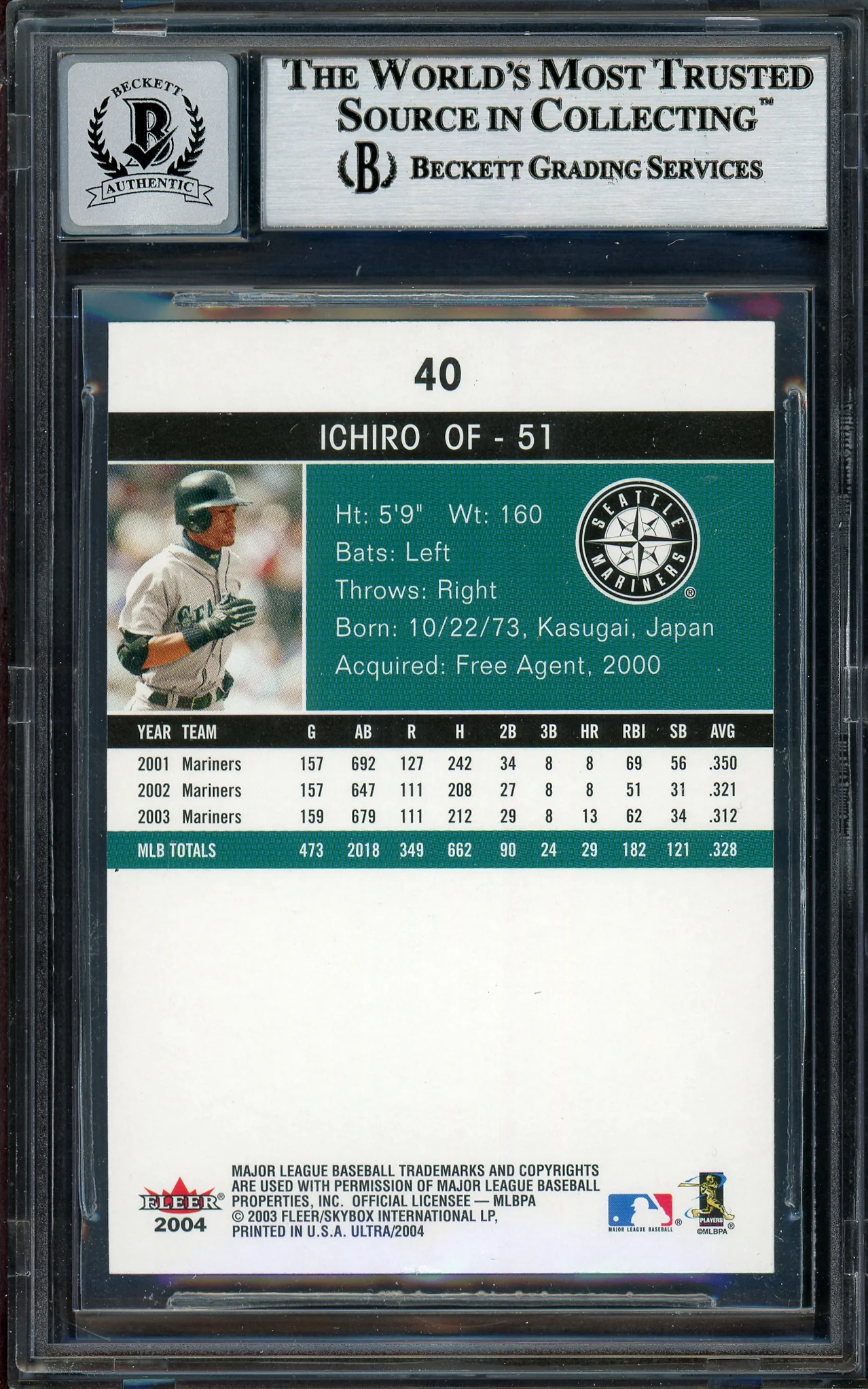 Ichiro Suzuki Autographed 2004 Fleer Ultra Card #40 Seattle Mariners Auto Grade Gem Mint 10 Beckett BAS #12786430 - Image 2