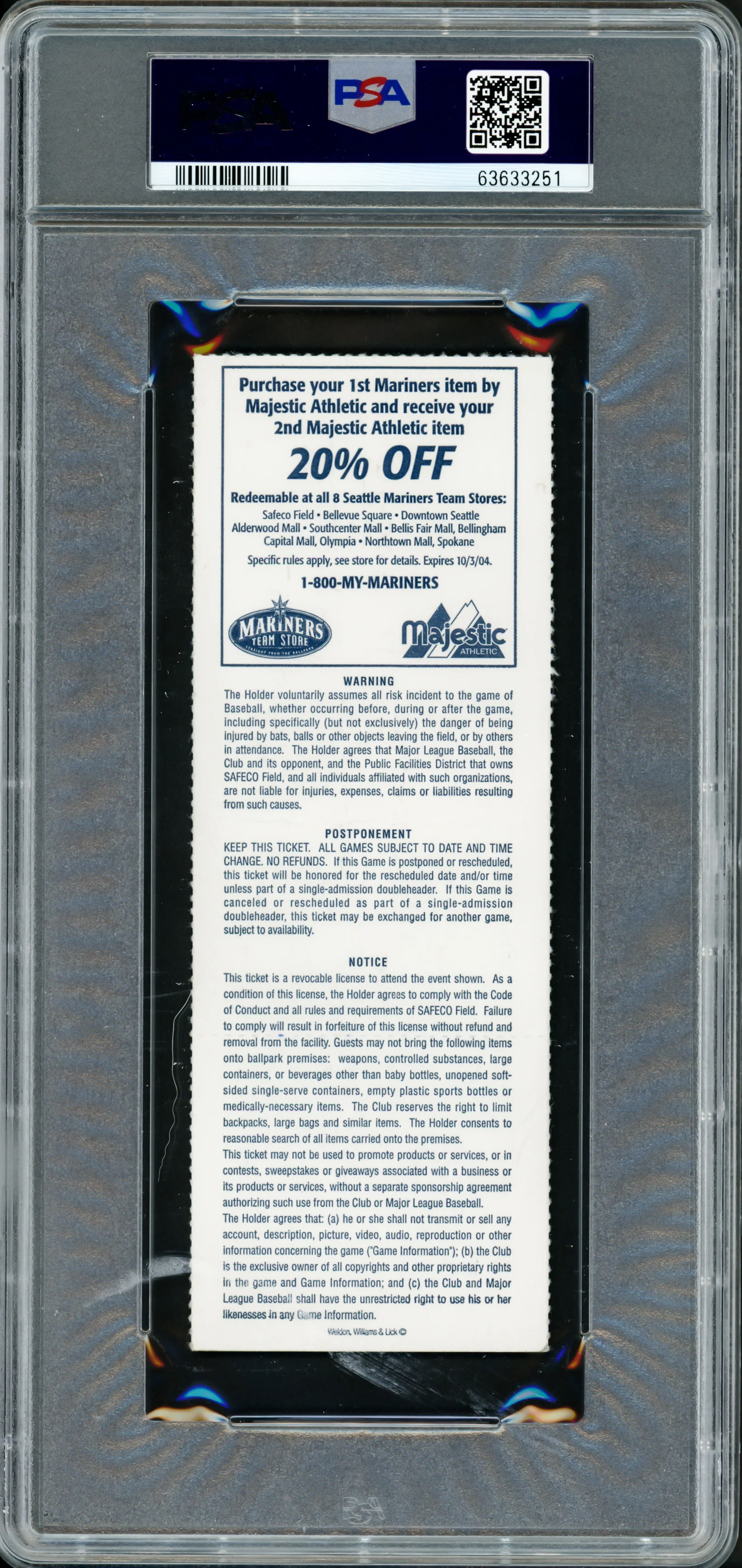 Ichiro Suzuki Autographed 2004 October 2nd Ticket Seattle Mariners PSA 2 Auto Grade Gem Mint 10 "10-2-04 260th Ticket" PSA/DNA #63633251 - Image 2