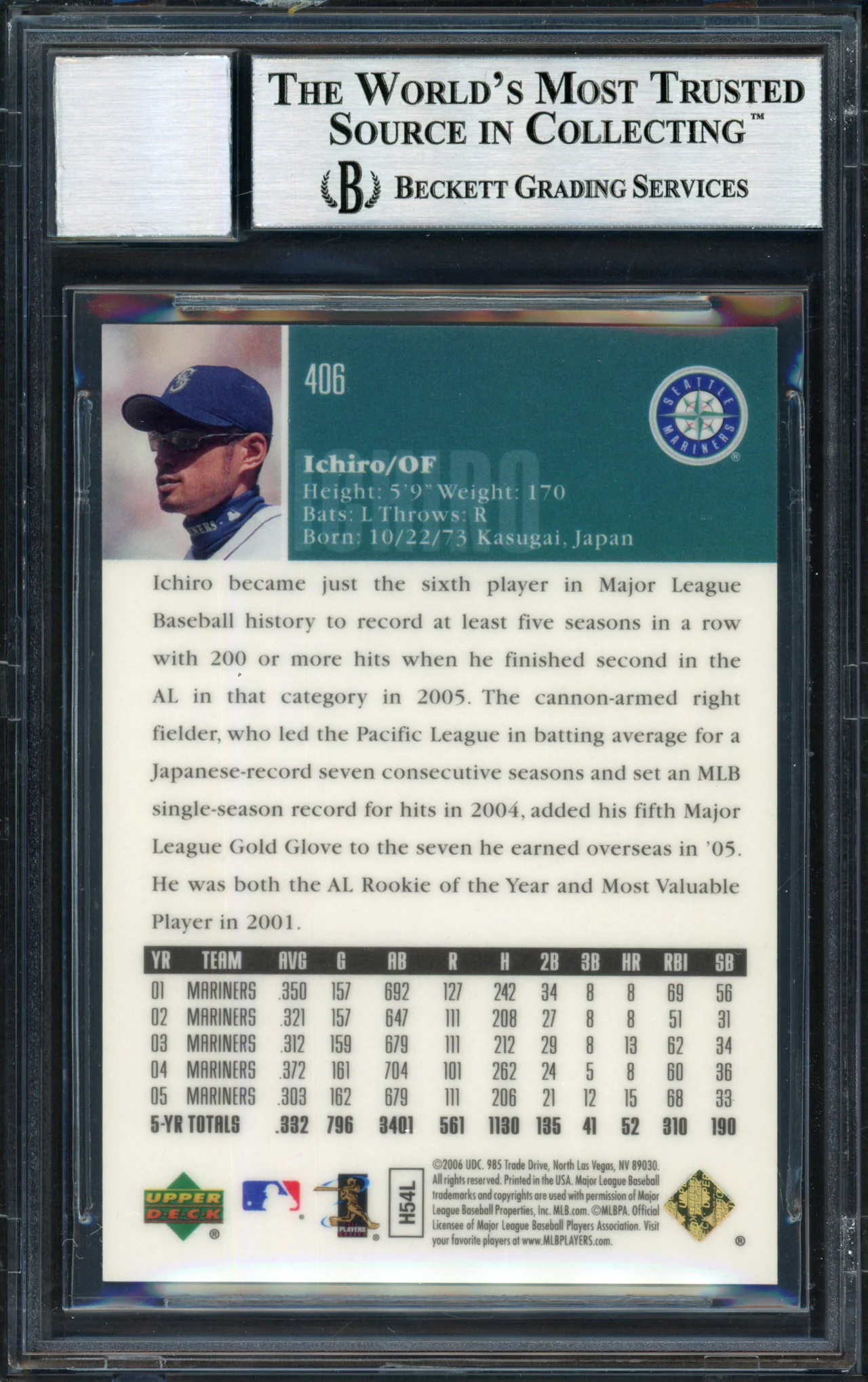 Ichiro Suzuki Autographed 2006 Upper Deck F/X Special Purple Card #406 Seattle Mariners #79/150 Auto Grade 10 Beckett BAS #12491469 - Image 2