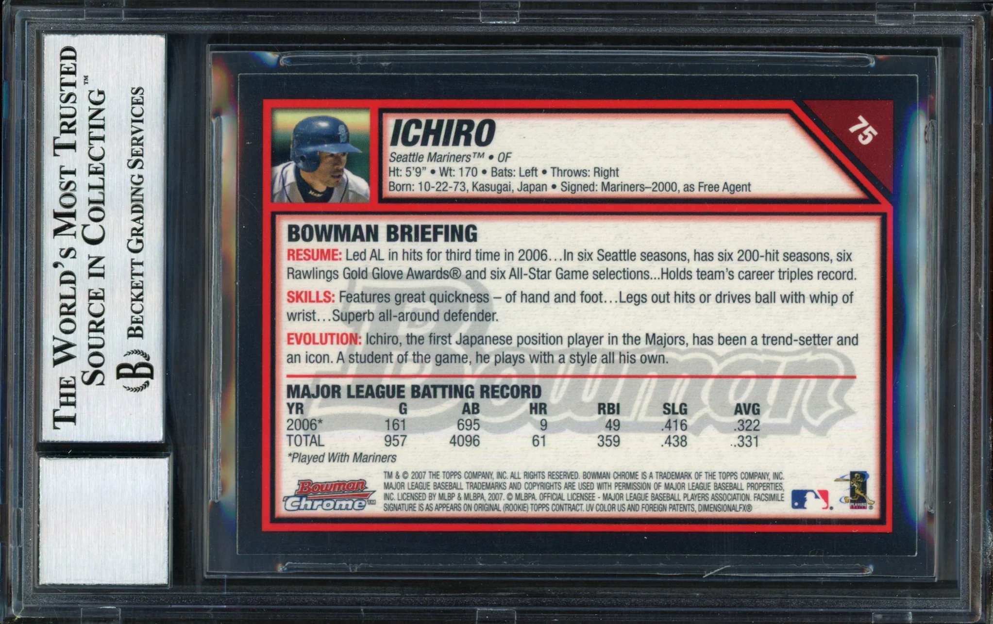 Ichiro Suzuki Autographed 2007 Bowman Chrome Card #75 Seattle Mariners Auto Grade 10 Beckett BAS #12491473 - Image 2
