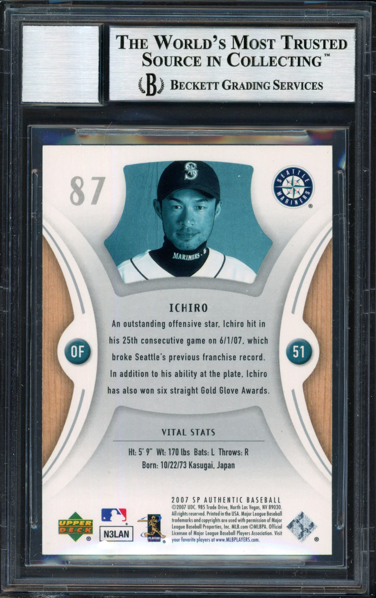 Ichiro Suzuki Autographed 2007 SP Authentic Card #87 Seattle Mariners Auto Grade 10 Beckett BAS #12491478 - Image 2