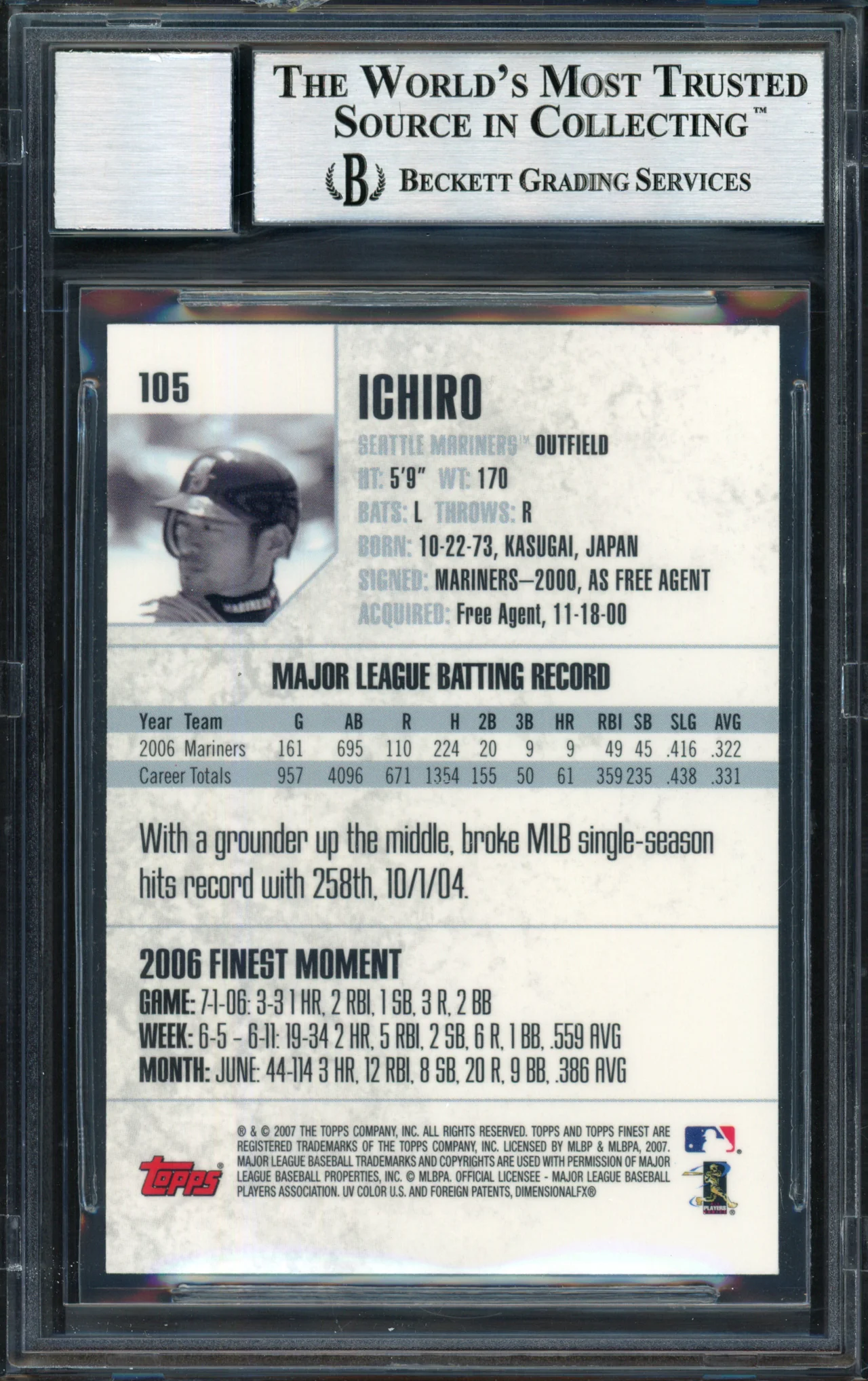 Ichiro Suzuki Autographed 2007 Topps Finest Card #105 Seattle Mariners Auto Grade 10 Beckett BAS #12491481 - Image 2