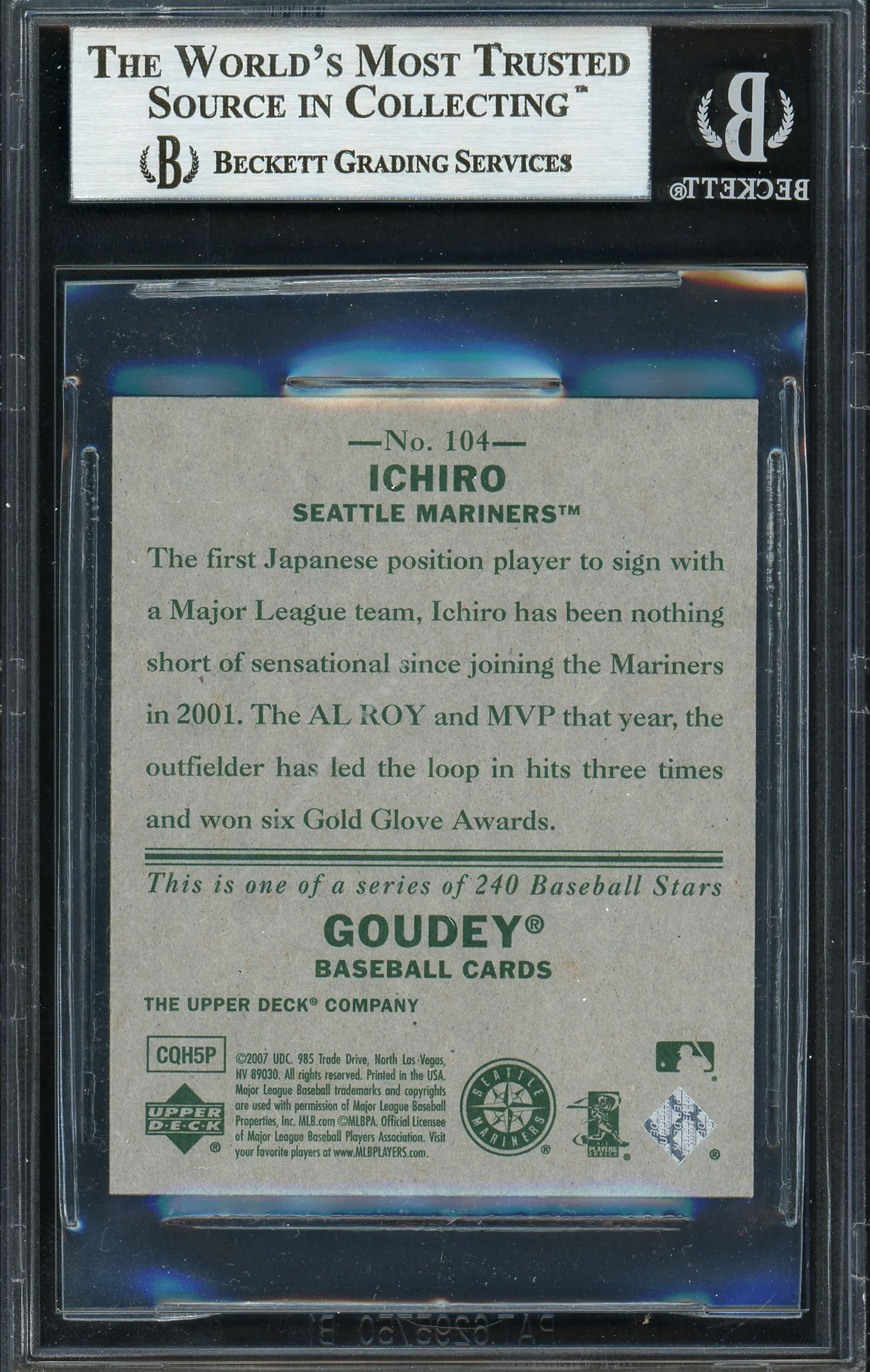 Ichiro Suzuki Autographed 2007 Upper Deck Goudey Card #104 Seattle Mariners Beckett BAS Stock #191292 - Image 2
