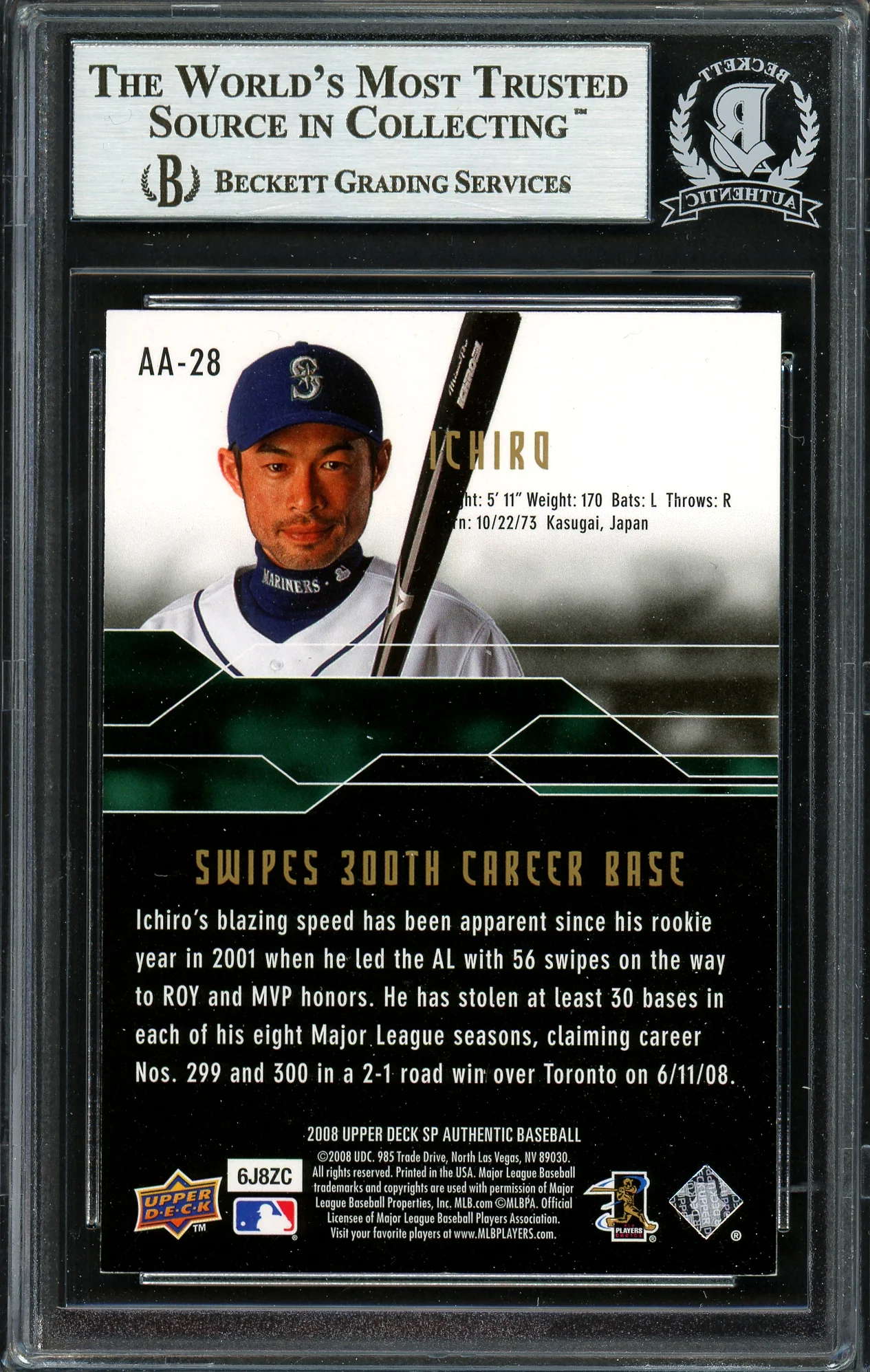 Ichiro Suzuki Autographed 2008 SP Authentic Achievements Card #AA-28 Seattle Mariners Beckett BAS #12668892 - Image 2