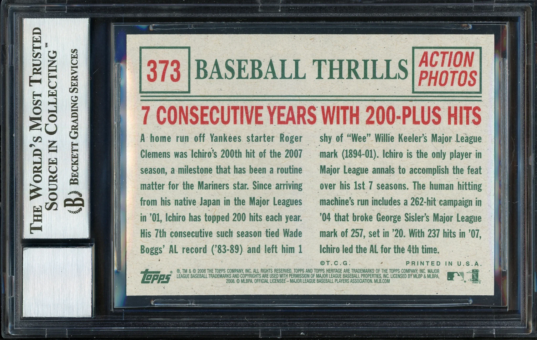 Ichiro Suzuki Autographed 2008 Topps Heritage Card #373 Seattle Mariners Auto Grade 10 Beckett BAS #12669574 - Image 2