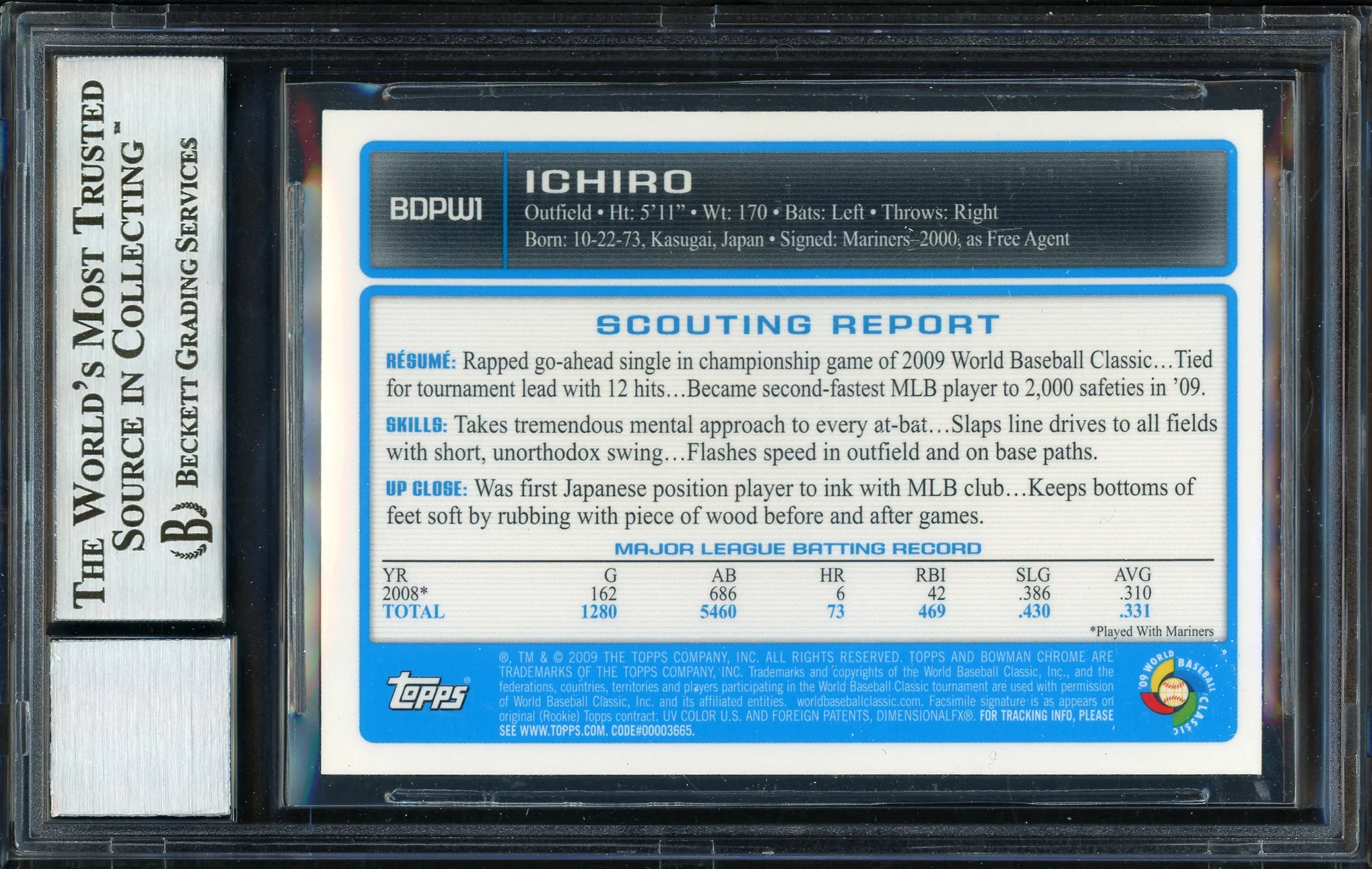 Ichiro Suzuki Autographed 2009 Bowman Chrome Draft Card #BDPW1 Japan Auto Grade 10 Beckett BAS Stock #189867 - Image 2