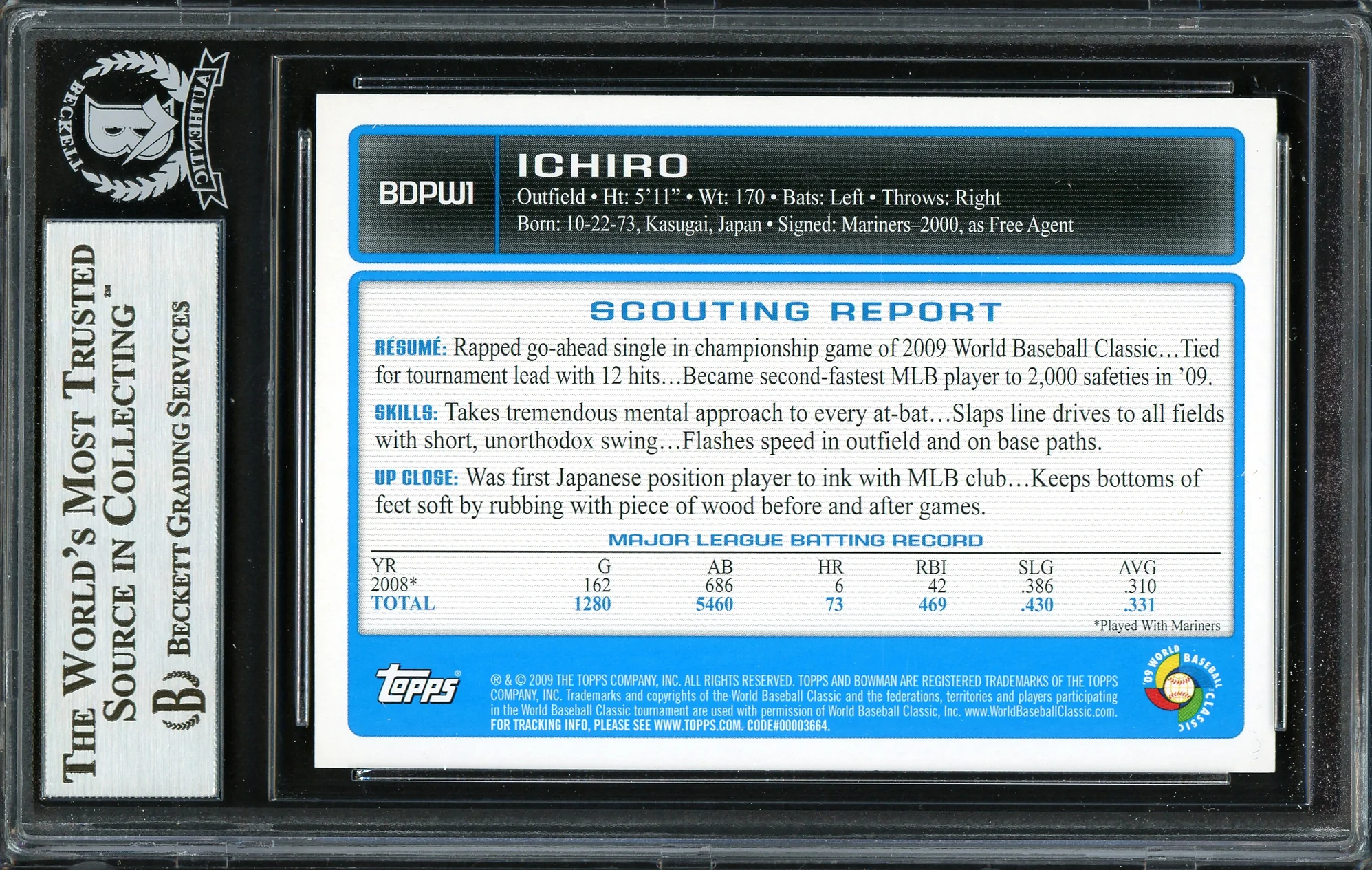 Ichiro Suzuki Autographed 2009 Bowman Draft Gold Card #BDPW1 Japan Beckett BAS Stock #191311 - Image 2
