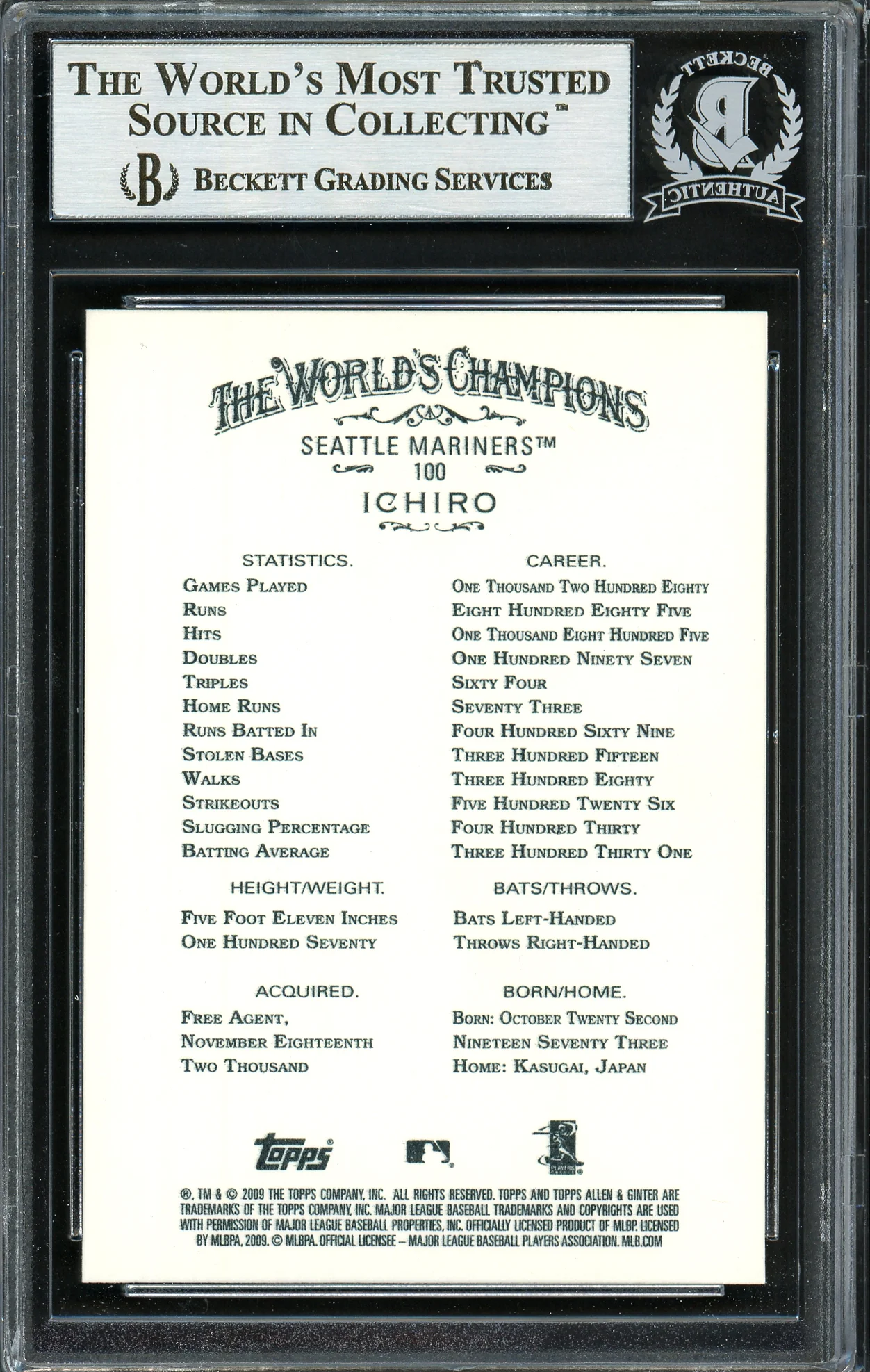 Ichiro Suzuki Autographed 2009 Topps Allen & Ginter Card #100 Seattle Mariners Beckett BAS Stock #191312 - Image 2