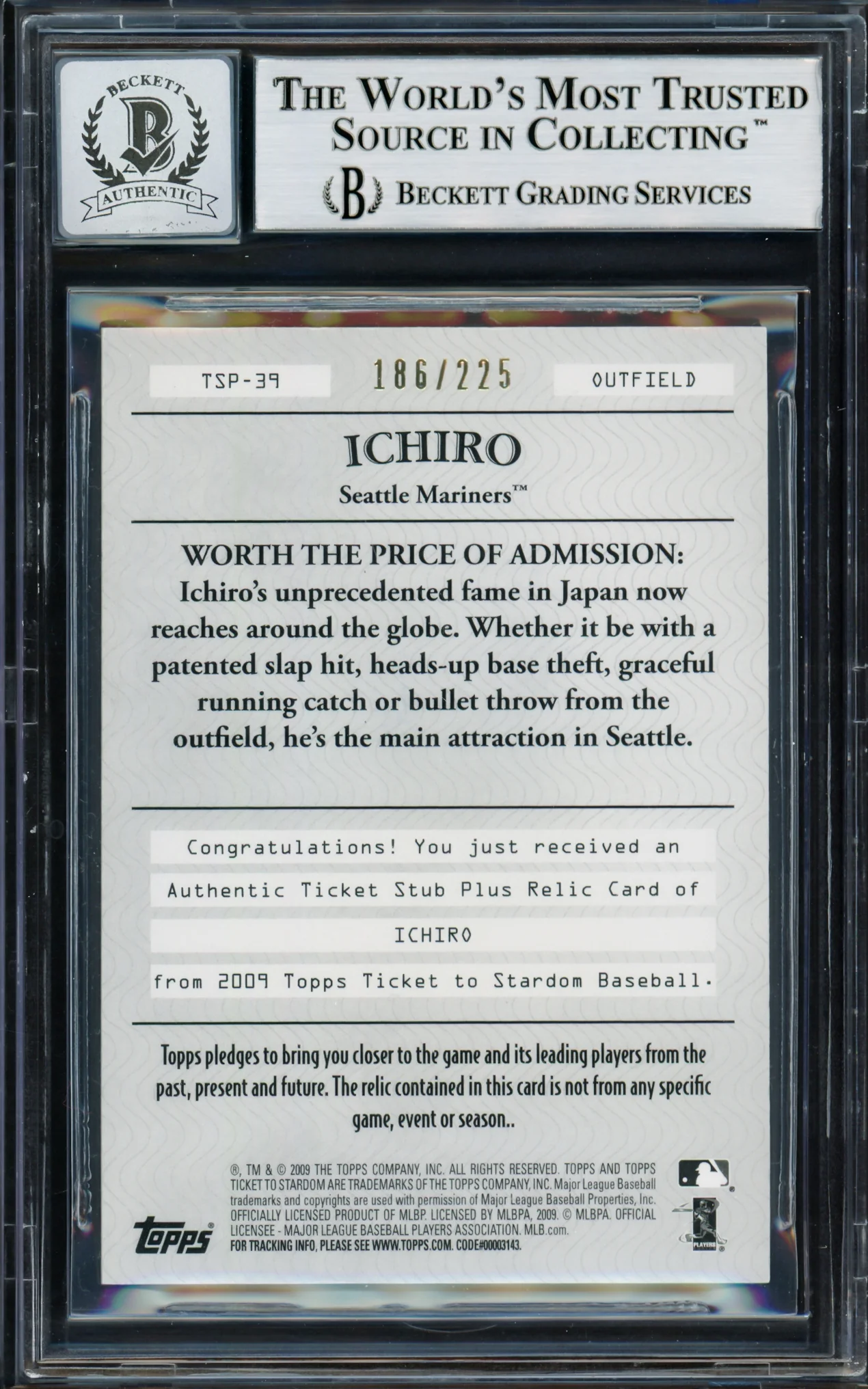 Ichiro Suzuki Autographed 2009 Topps Ticket To Stardom Card #TSP-39 Seattle Mariners Auto Grade Gem Mint 10 With Jersey Relic Beckett BAS #14129313 - Image 2