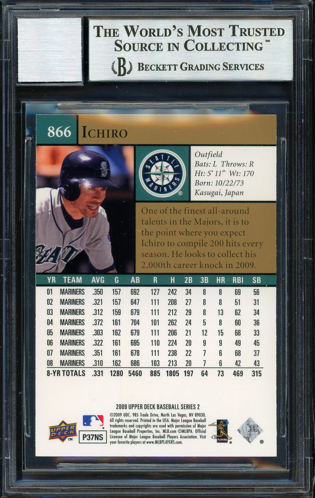 Ichiro Suzuki Autographed 2009 Upper Deck Card #866 Seattle Mariners Auto Grade 10 Beckett BAS #12669716 - Image 2