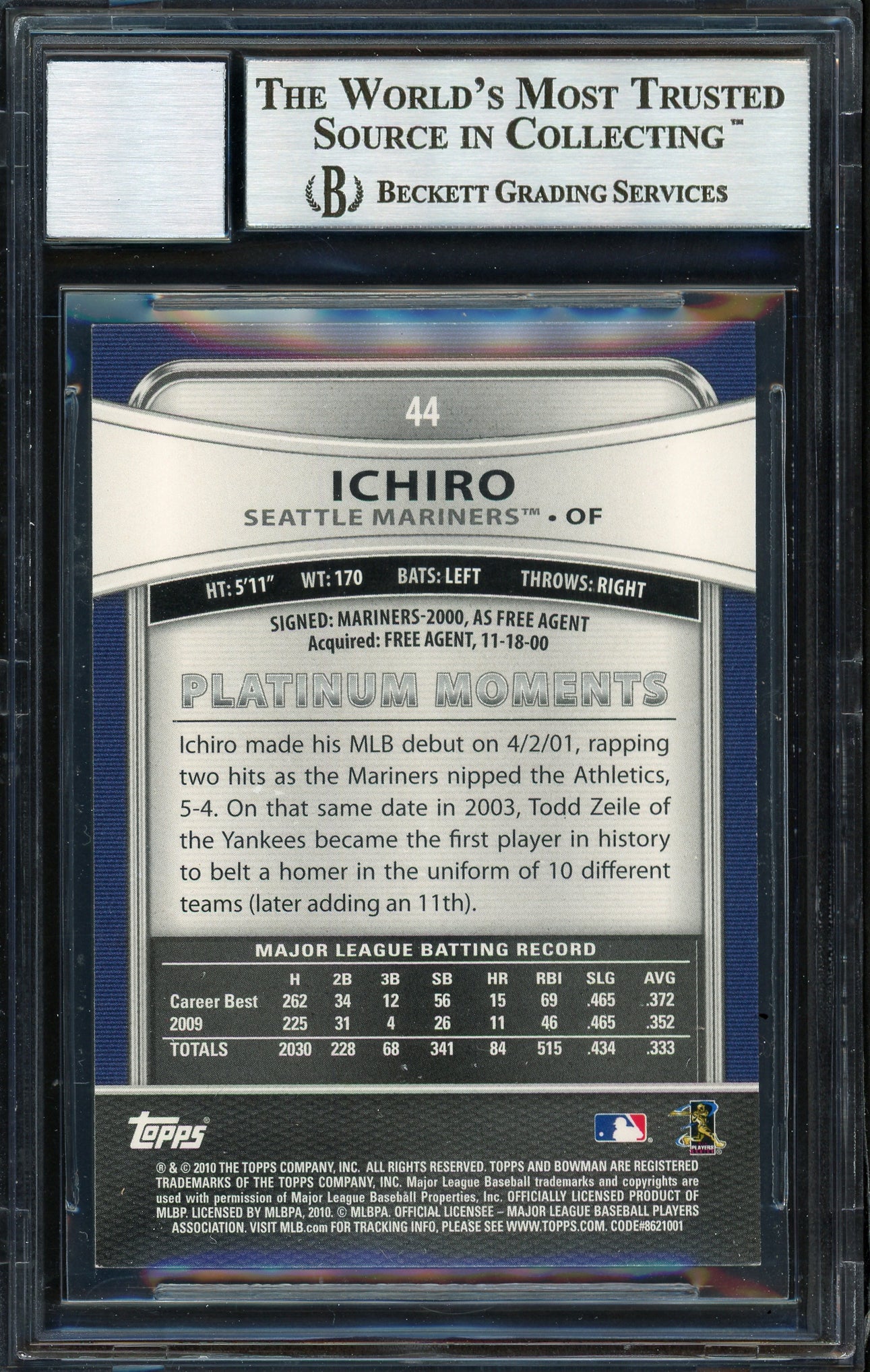 Ichiro Suzuki Autographed 2010 Bowman Platinum Card #44 Seattle Mariners Auto Grade 10 Beckett BAS #12669745 - Image 2